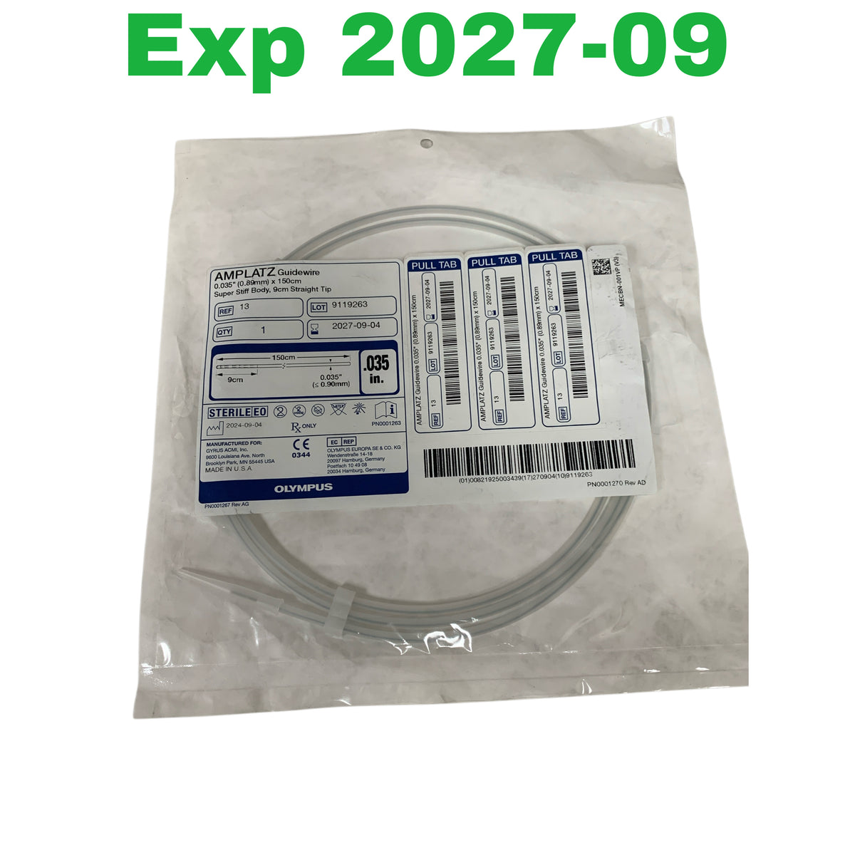 OLYMPUS 24 PTFE Guidewire 0.038 inch 0.97mm x 150cm Stiff Body 3cm Straight Tip Exp 2025 09