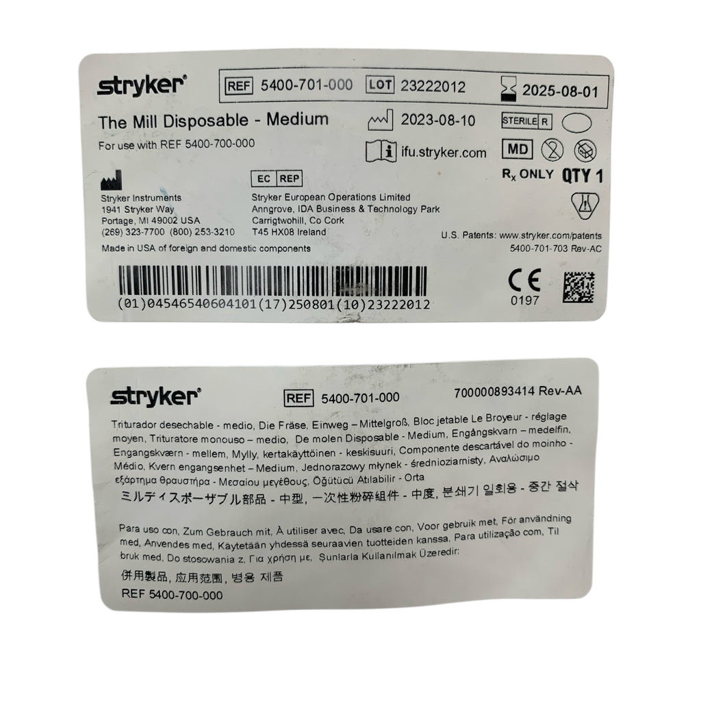 STRYKER REF 5400-701-000 The Mill Disposable Medium  Exp 2025 08