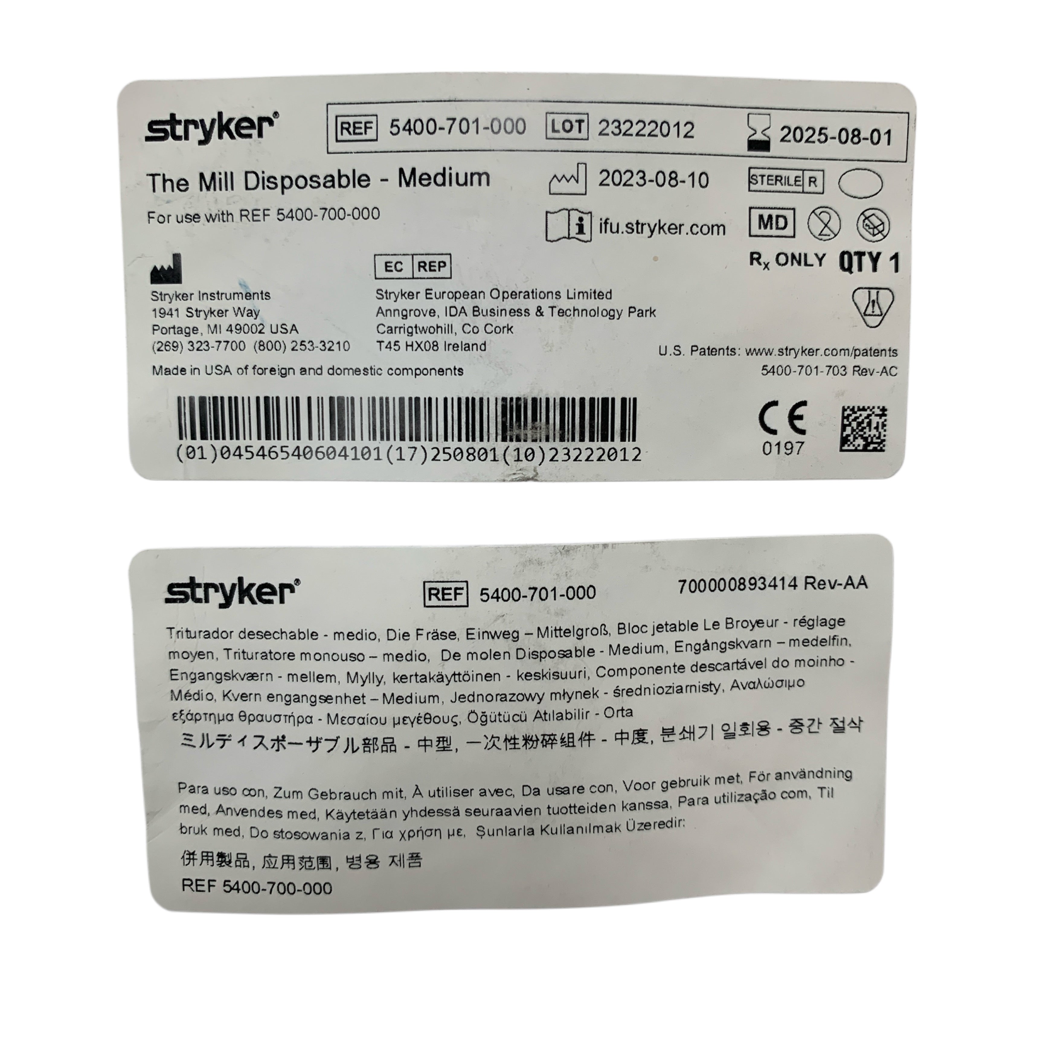 STRYKER REF 5400-701-000 The Mill Disposable Medium  Exp 2025 08