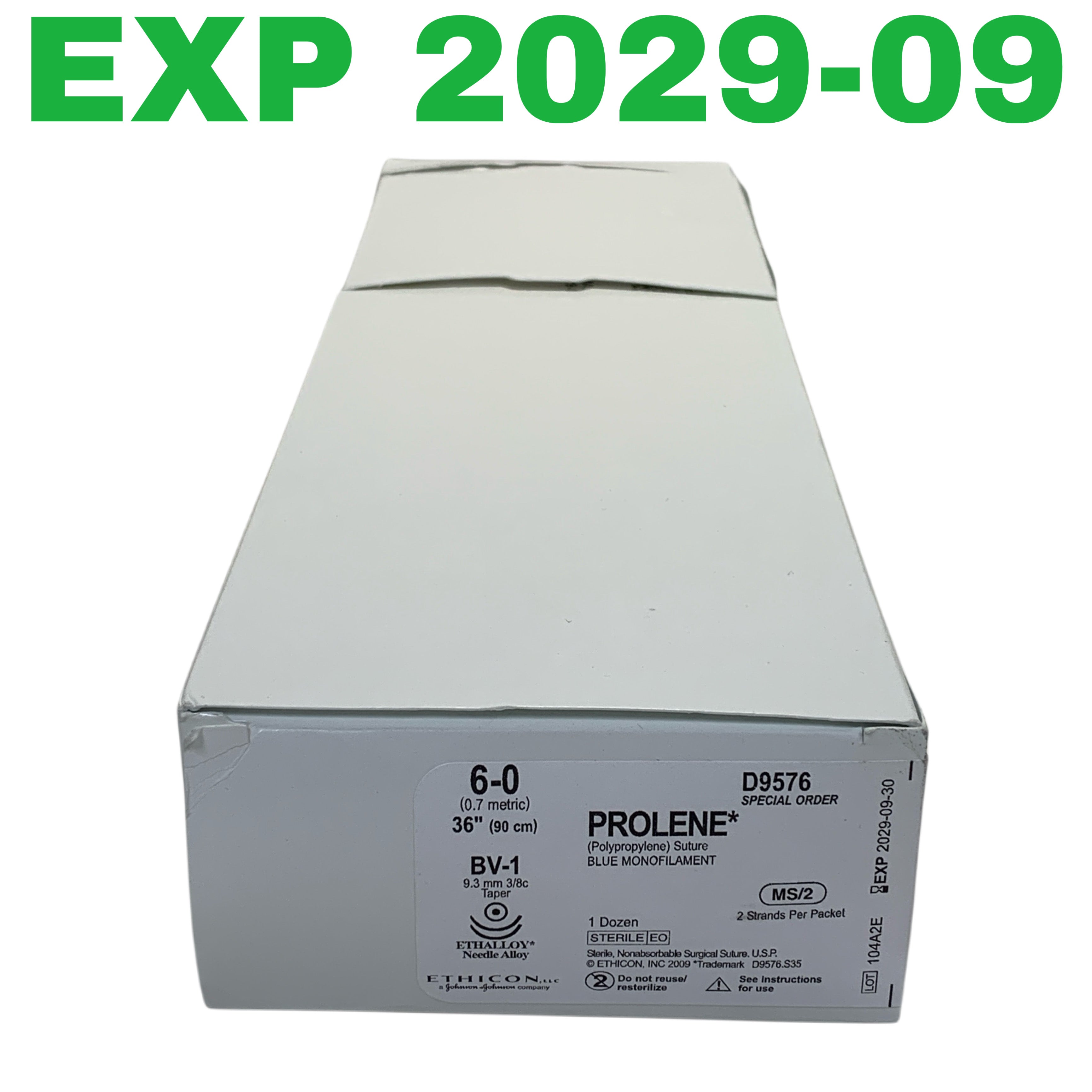 ETHICON REF D9576 PROLENE Polypropylene Suture 6-0 BV-1 Needle 36" Box of 12, Exp.2029/09