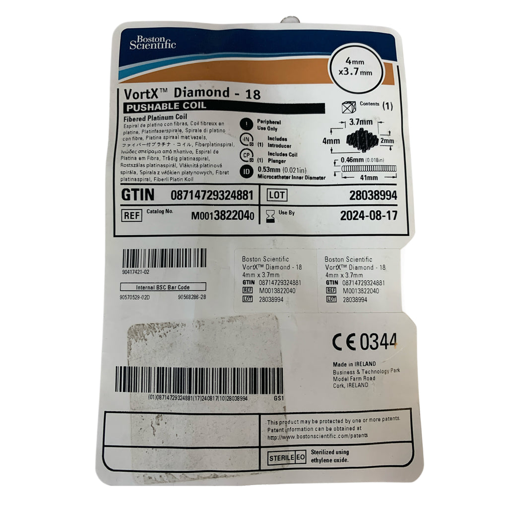 BOSTON SCIENTIFIC M0013822040 VortX Diamond 18 Pushable Coil Fibered Platinum Coil 4 mm x 3.7 mm EXP 2024 08