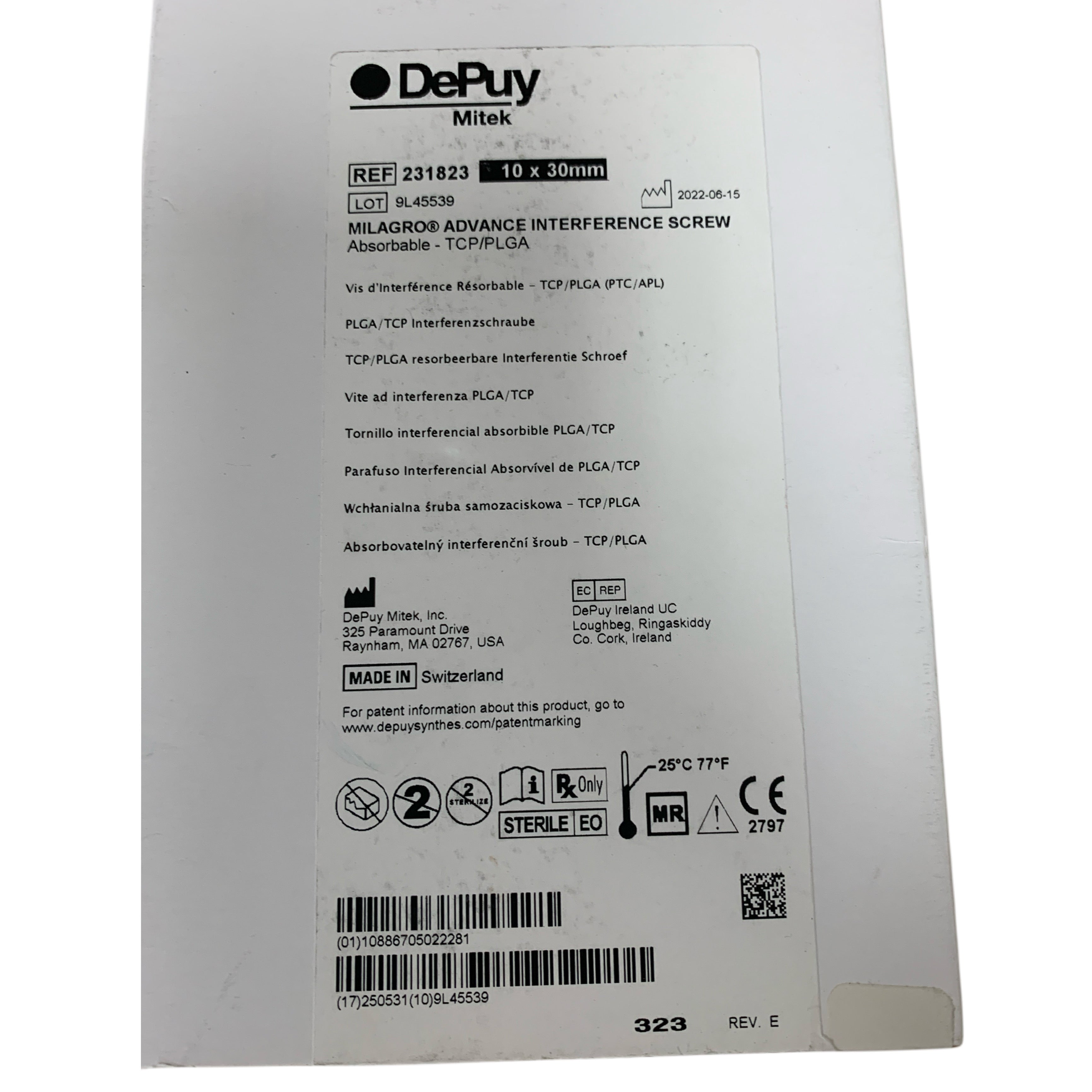 DEPUY MITEK REF 231823 Milagro Advance Interference Screw Absorbable 10 x 30mm Exp 2025 05