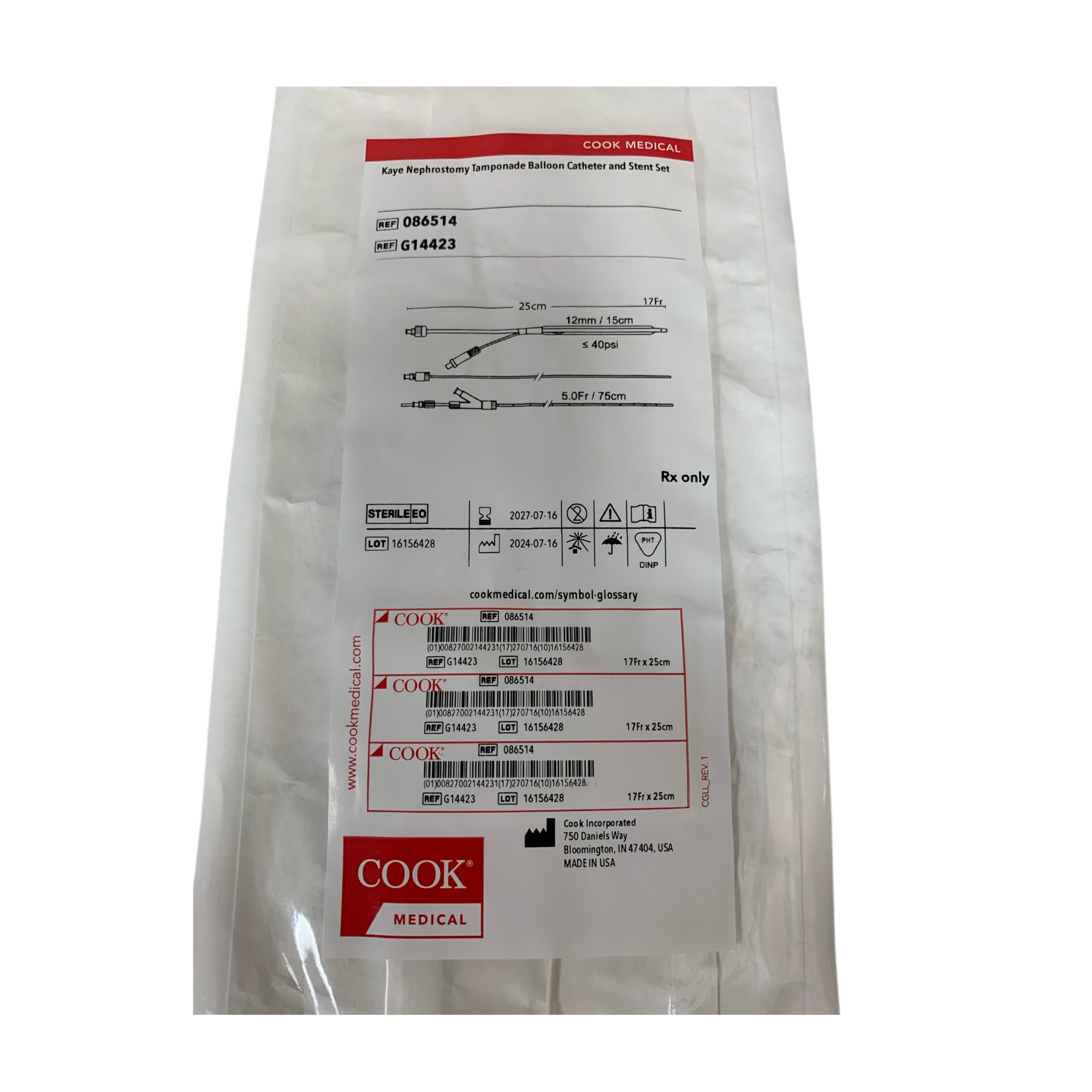 COOK MEDICAL REF 086514/ G14423 Kaye Nephrostomy Tamponade Balloon Catheter and Stent Set 17Fr x 25cm, Exp.2027/07