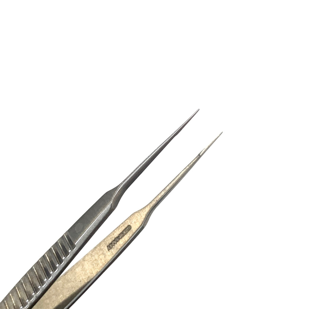 AMBLER REF 2446E, McPherson tying forceps 3 3/8'',straight shafts, 4.0mm tying platforms, narrow serrated flat handle