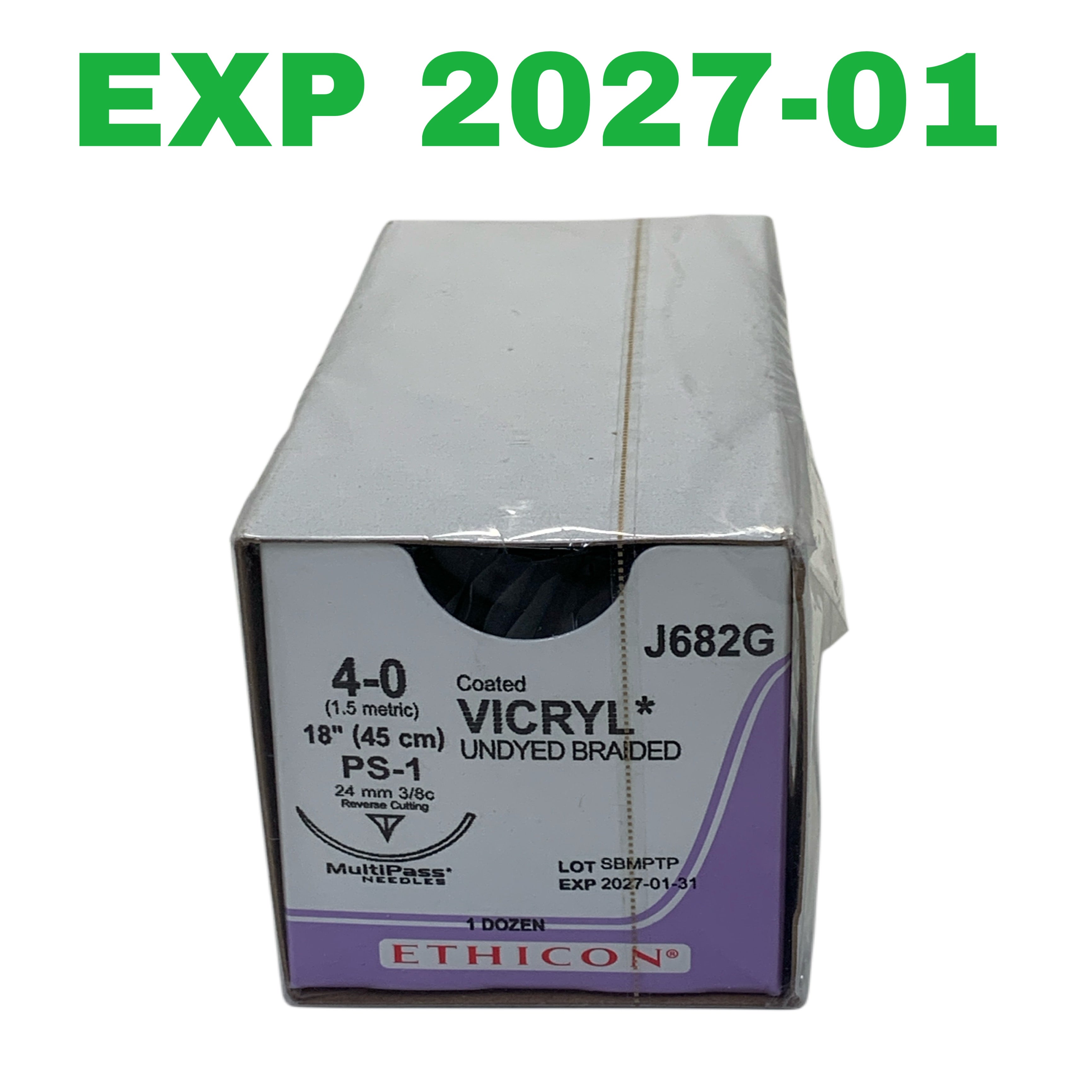 ETHICON REF J682G Coated VICRYL Undyed Braided Suture 4-0 PS-1 Needle Box of 12, Exp.2027/01