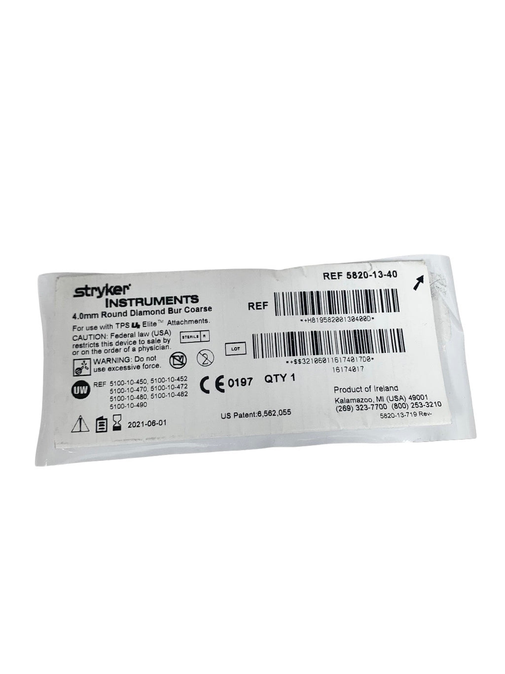 STRYKER REF 5820-13-40 4.0mm Round Diamond Bur Coarse, EXP.2021-06