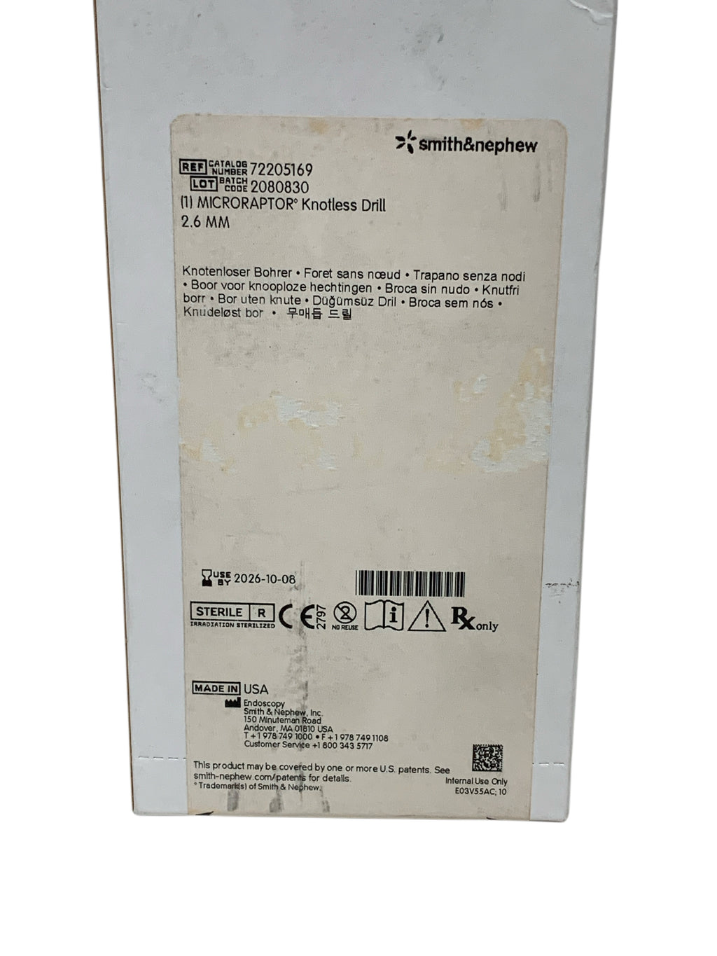 SMITH & NEPHEW REF 72205169 Microraptor Knotless Drill 2.6mm, Exp.2026/10