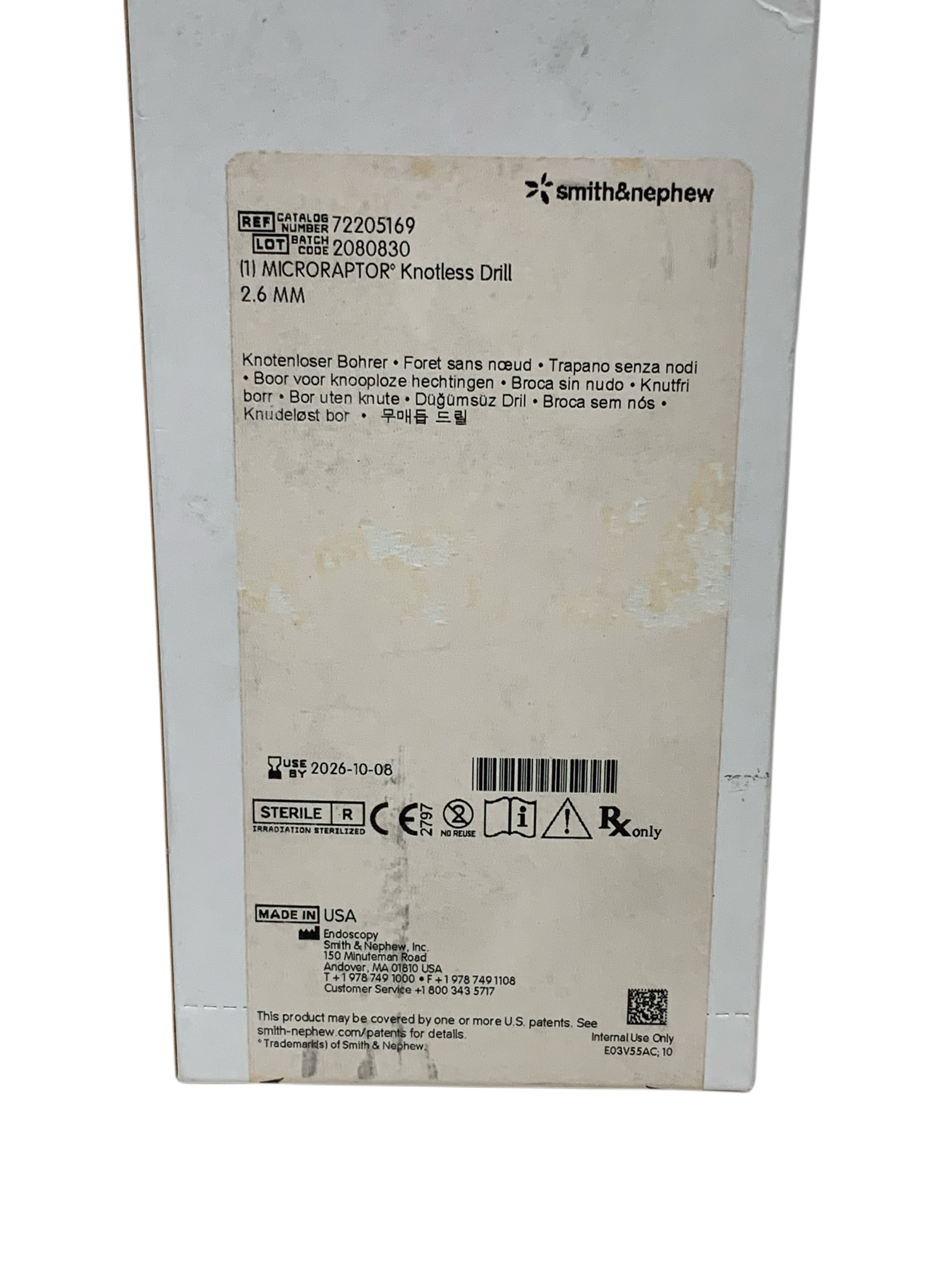SMITH & NEPHEW REF 72205169 Microraptor Knotless Drill 2.6mm, Exp.2026/10