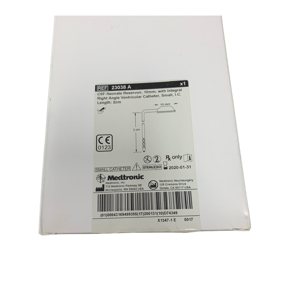 MEDTRONIC 23038A CSF Neonate Reservoir 10 mm Integral Right Angle Ventricular Catheter Small IC 2 cm EXP 2020 01