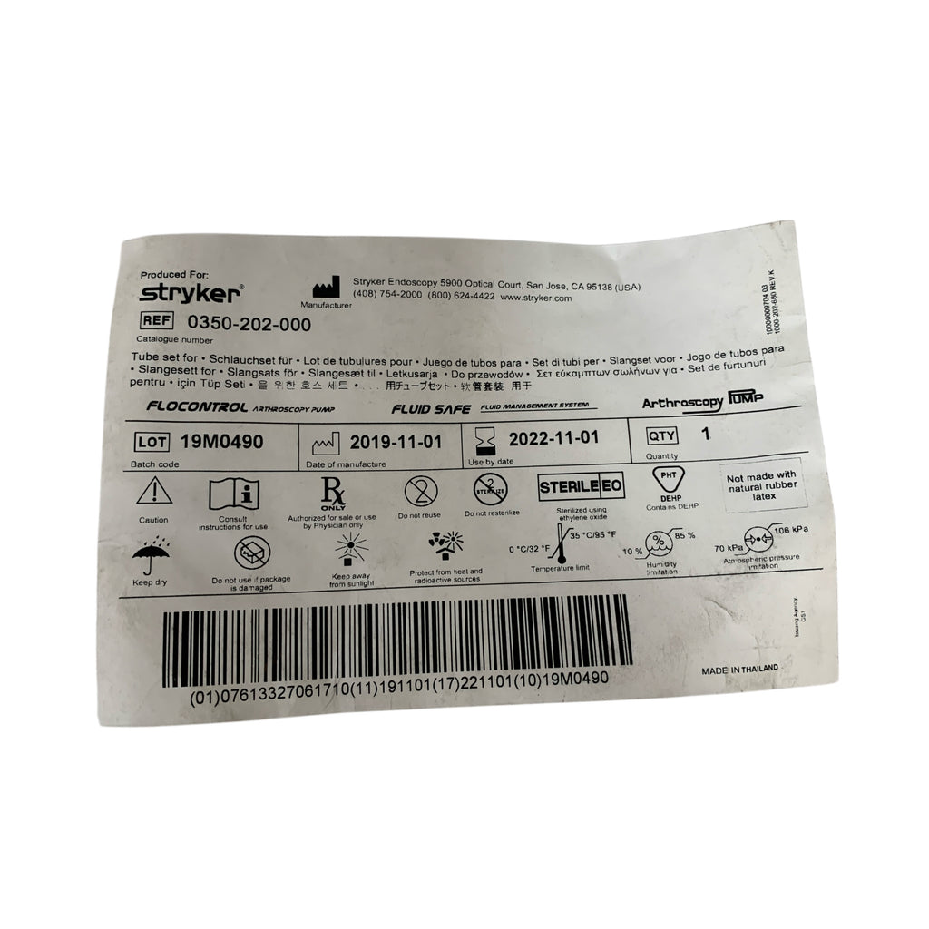 STRYKER REF 0350-202-000 Flocontrol Fluid Safe Arthroscopy Pump Tube Set, Exp.2022/11