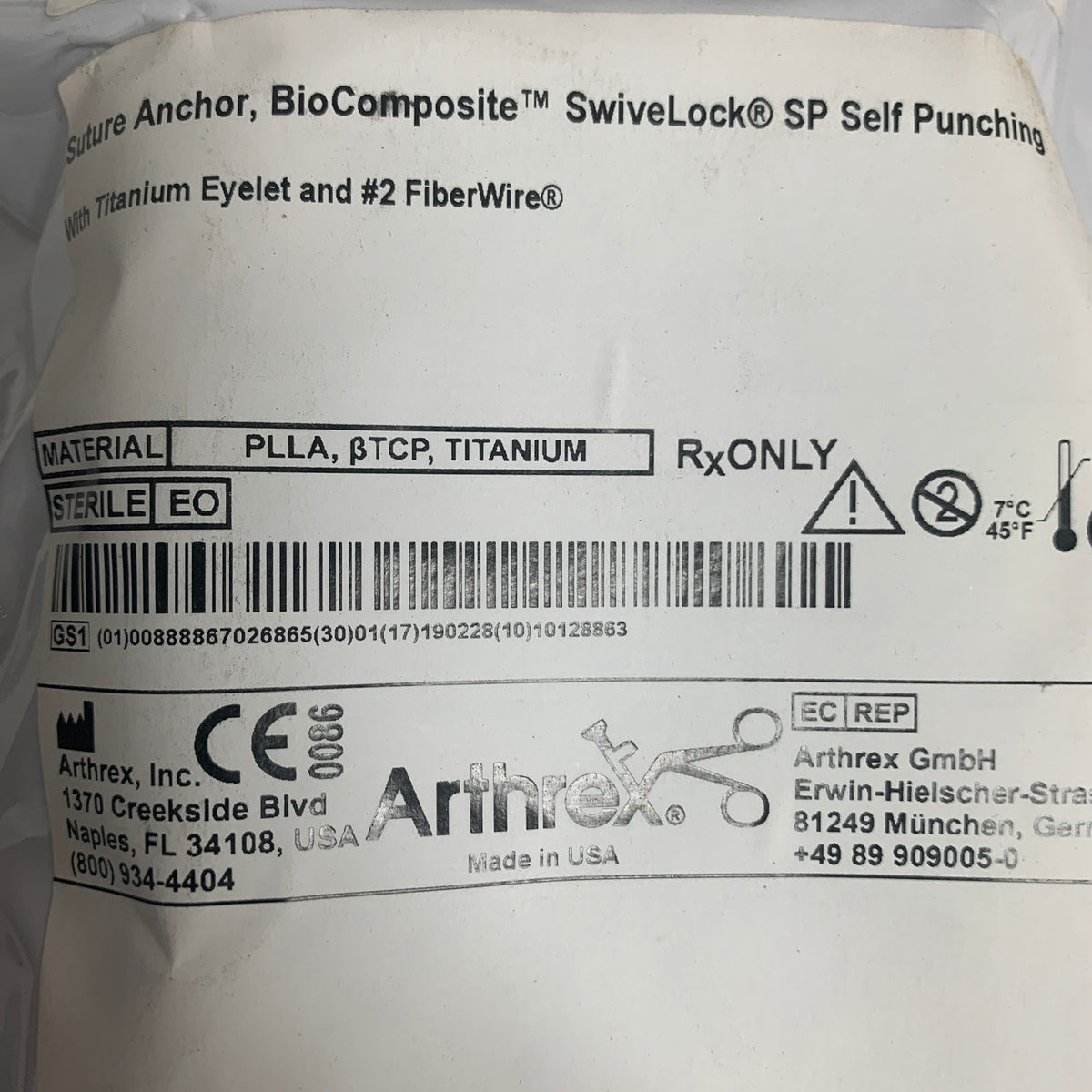 ARTHREX AR-2324BCM BioComposite SwiveLock SP Suture Anchor 4.75 x 24.5mm, EXP 2019-02