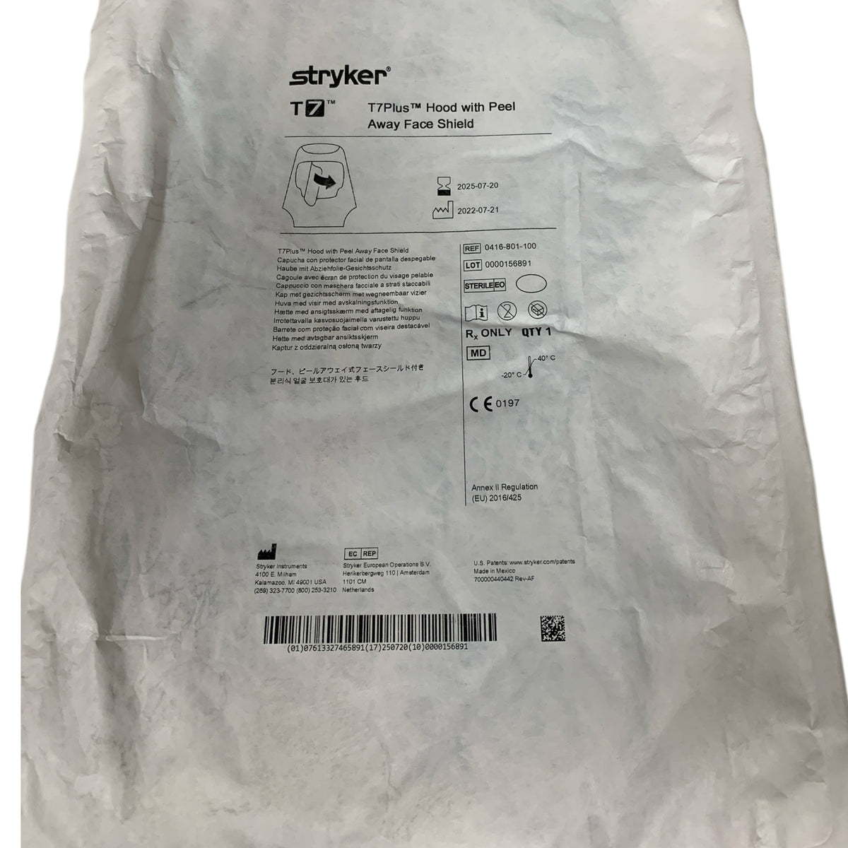 STRYKER 0416-801-100 T7 T7Plus Hood with Peel Away Face Shield Exp 2025 07