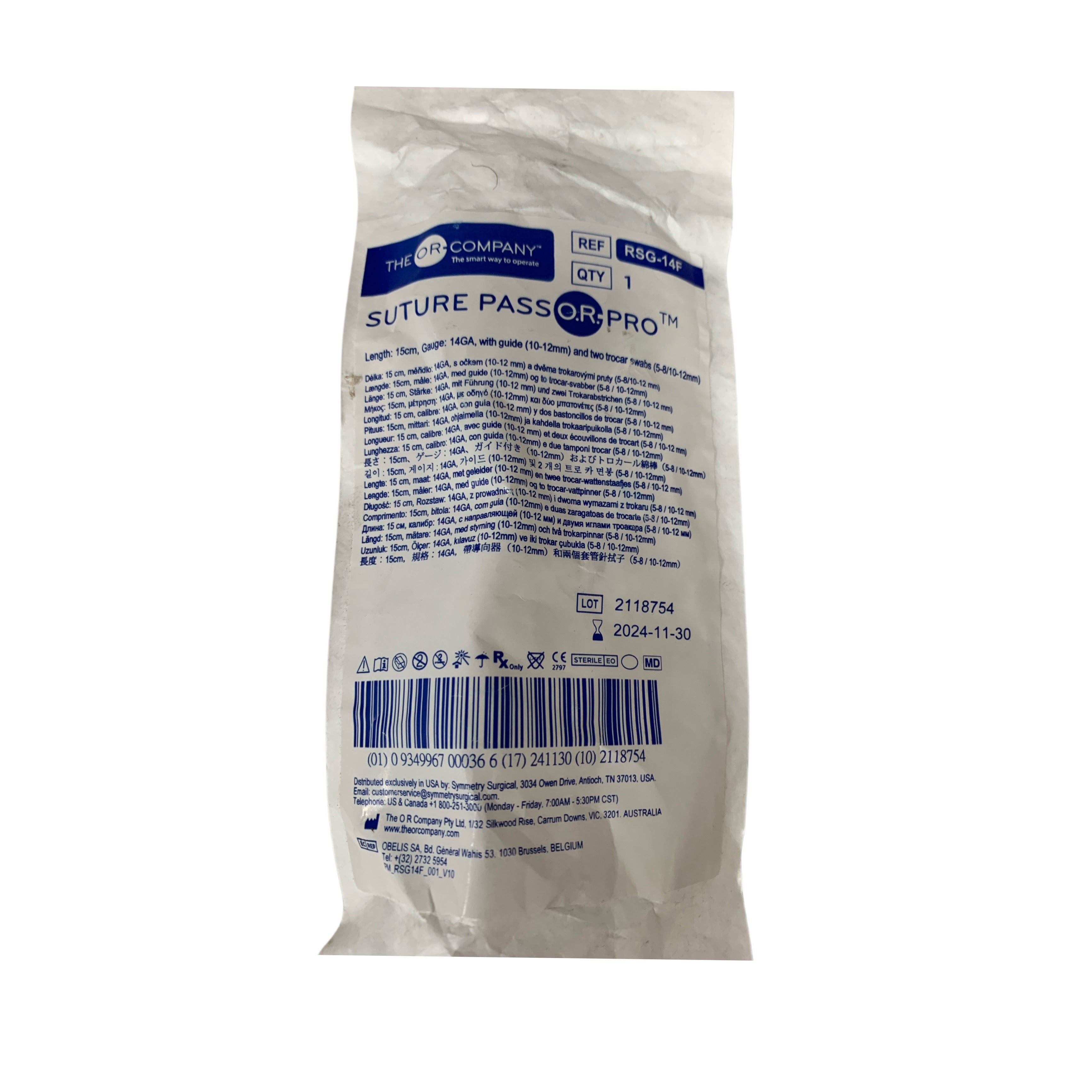 THE O.R. COMPANY REF RSG-14F Suture Pass O.R. Pro 15cm 14GA with Guide & Trocar Swabs, Exp.2024/11