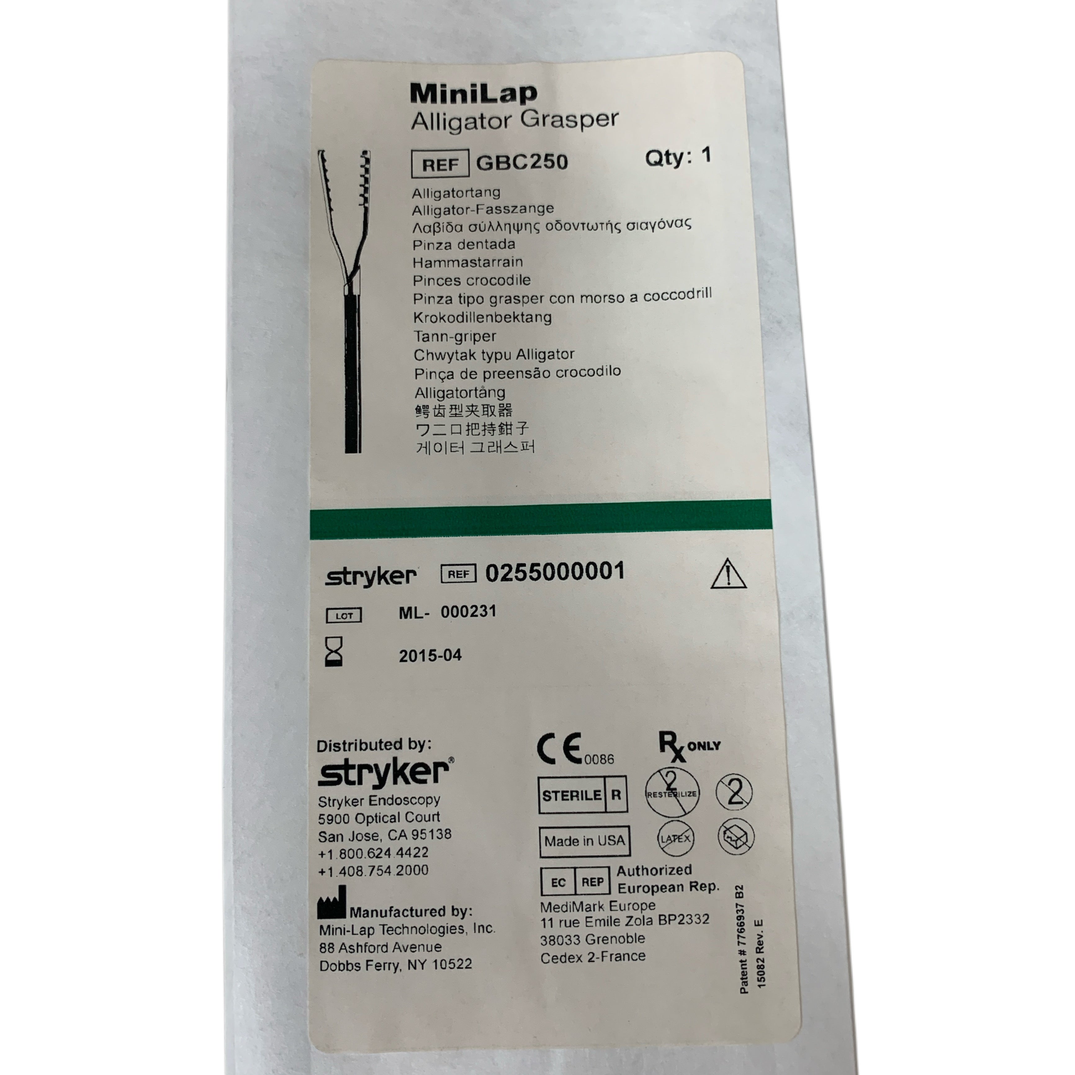 STRYKER REF 0255000001 / GBC250 MiniLap Alligator Grasper, Exp.2015/04