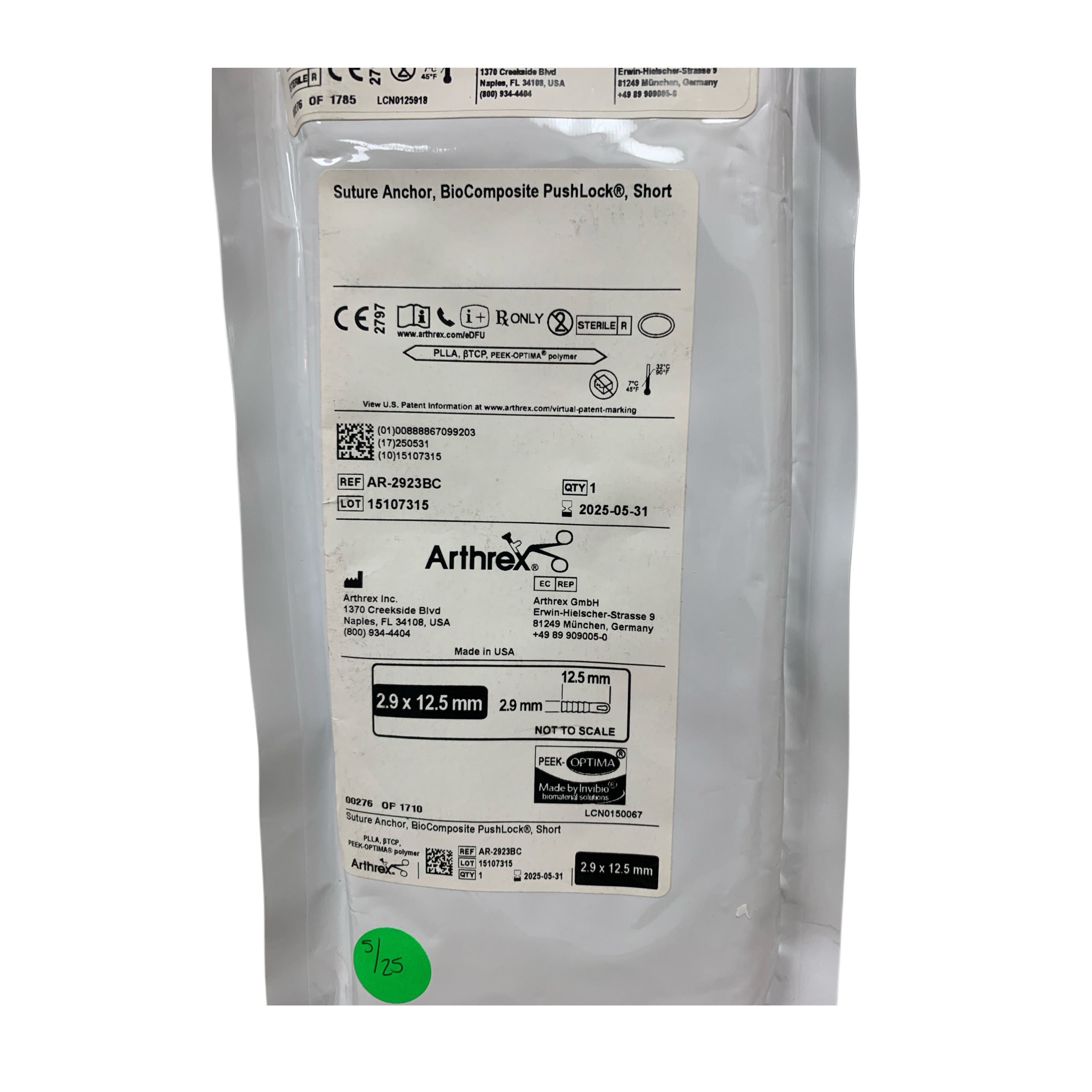 ARTHREX AR-2923BC Suture Anchor BioComposite PushLock Short 2.9 x 12.5 mm Exp 2025 05