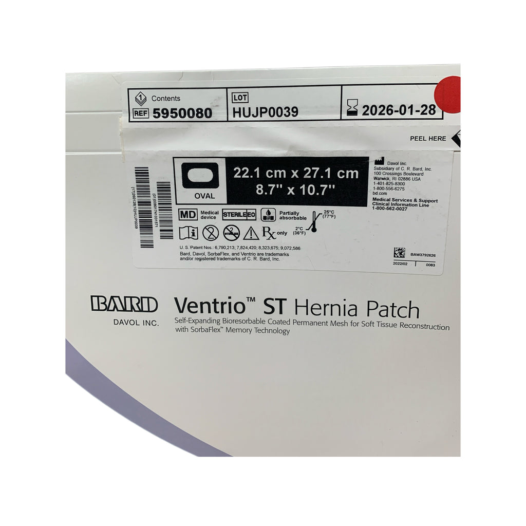 BARD DAVOL 5950080 Ventrio ST Hernia Patch Self Expanding Bioresorbable Coated Permanent Mesh Extra Large Oval 221 cm x 271 cm Exp 2026 01