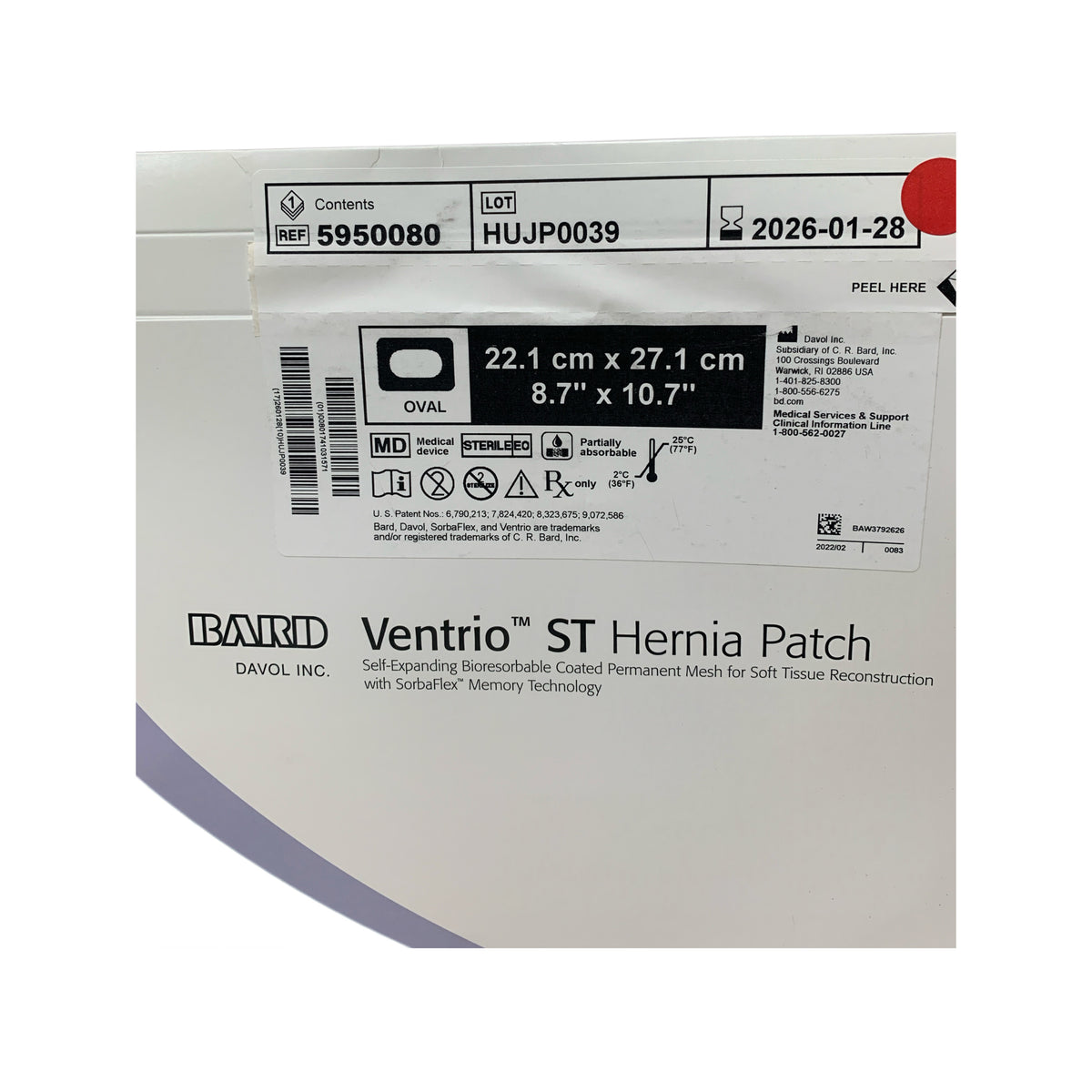 BARD DAVOL 5950080 Ventrio ST Hernia Patch Self Expanding Bioresorbable Coated Permanent Mesh Extra Large Oval 221 cm x 271 cm Exp 2026 01