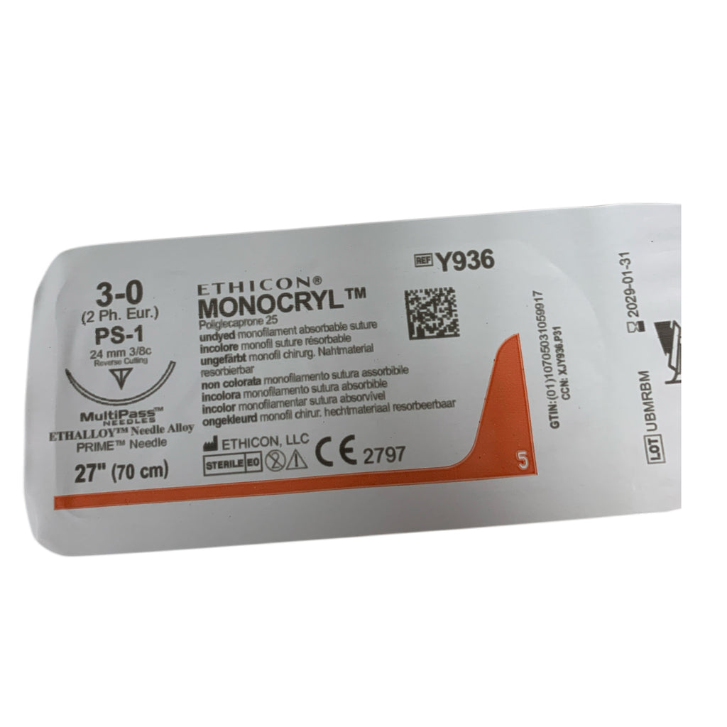 ETHICON REF Y936H Monocryl 3-0 Suture PS-1 24mm 3/8c Reverse Cutting 27" (70cm), Exp.2029/01