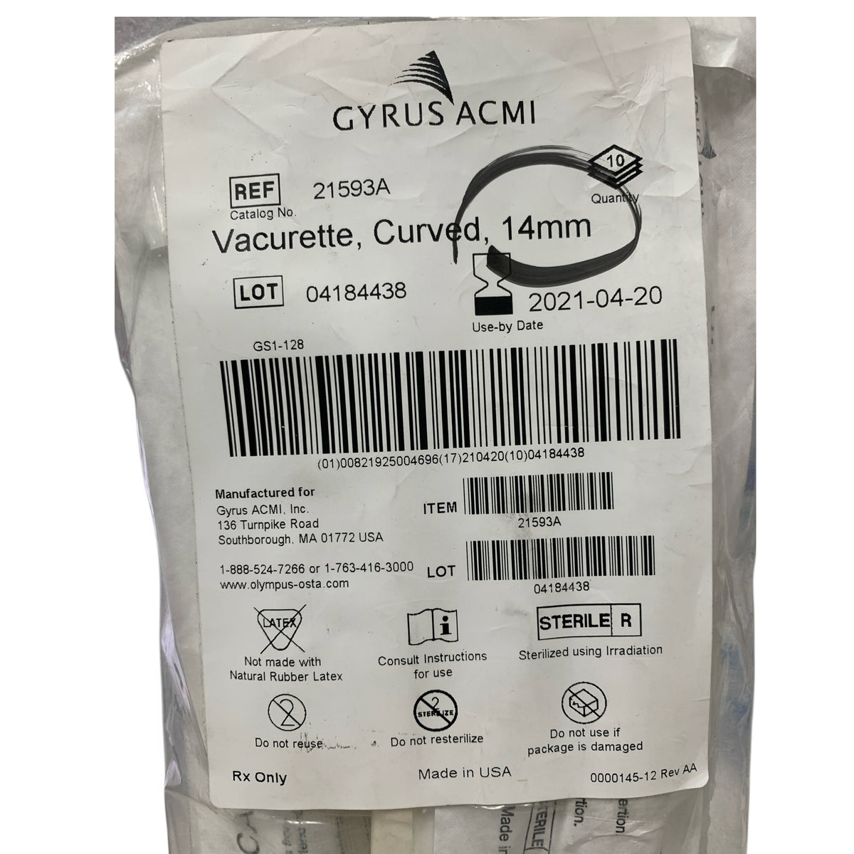 GYRUS ACMI 21593A Vacurette Curved 14mm Box Of 10 Exp 2021 04
