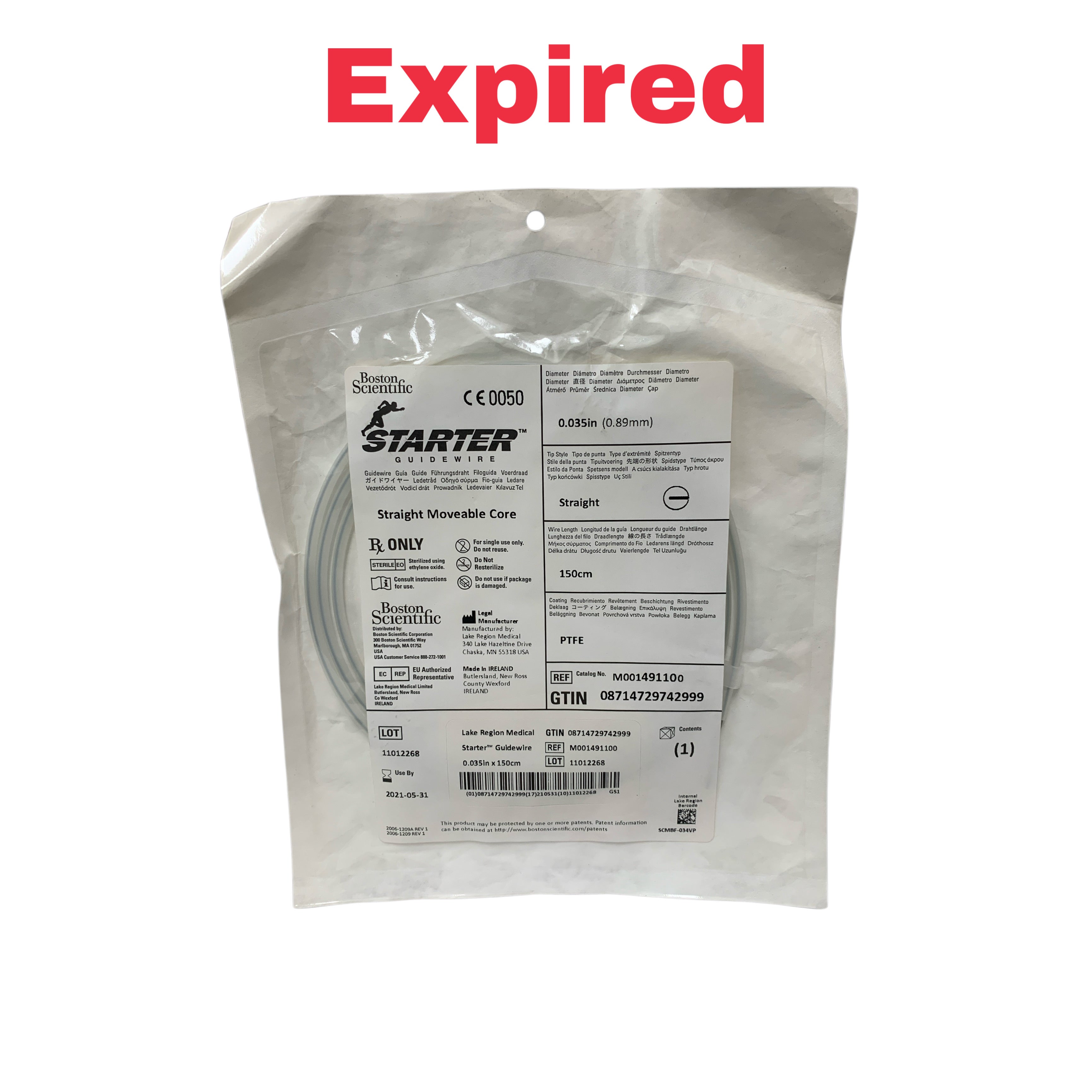 BOSTON SCIENTIFIC REF M001491100 PTFE Starter Guidewire Straight Moveable Core 0.035in x 150cm, Exp.2021/05