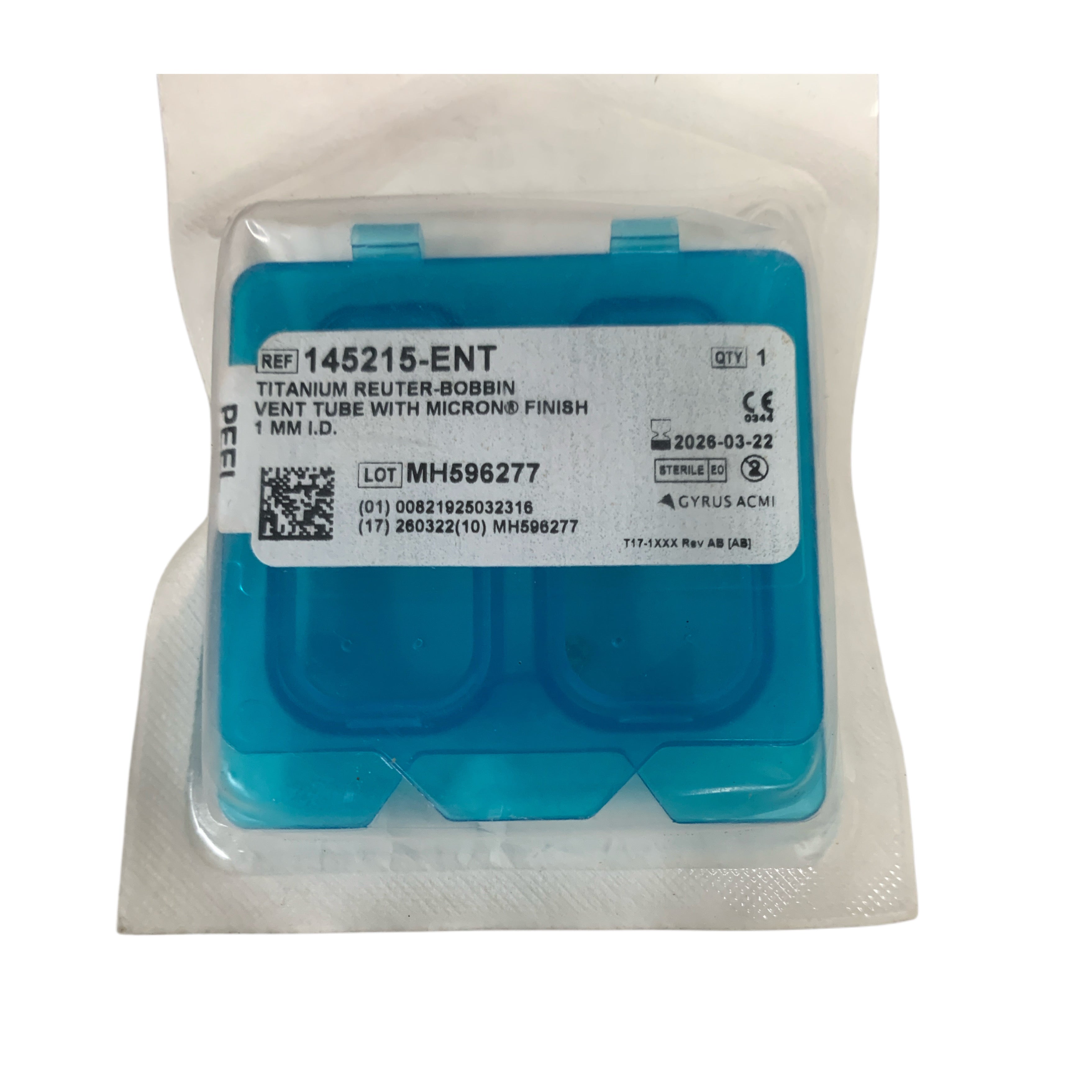 GYRUS ACMI 145215-ENT Titanium Reuter Bobbin Vent Tube Micron Finish 1 MM ID Exp 2026 03