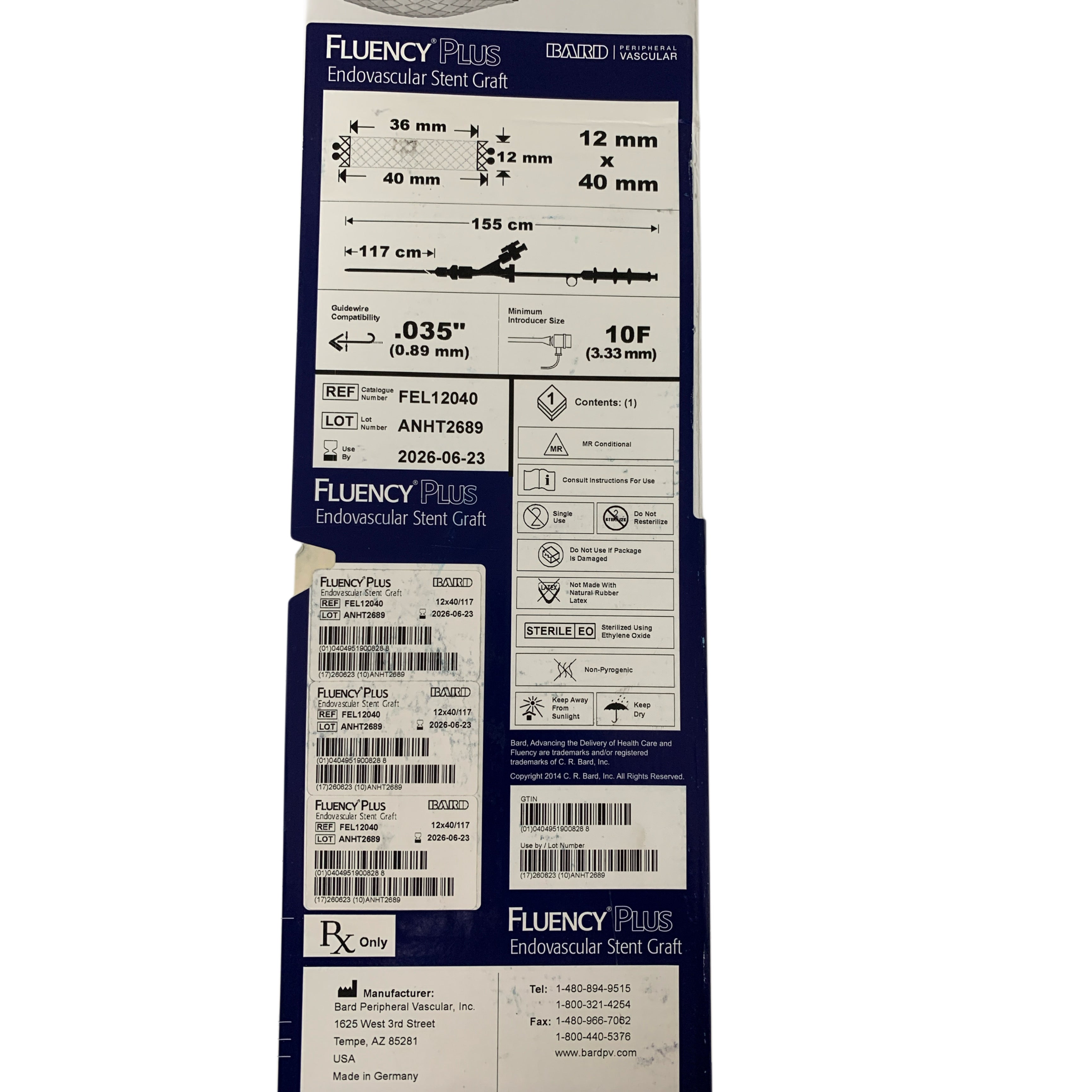 BARD REF FEL12040 Fluency Plus Endovascular Stent Graft 12mm x 40mm 155cm Exp 2026 06