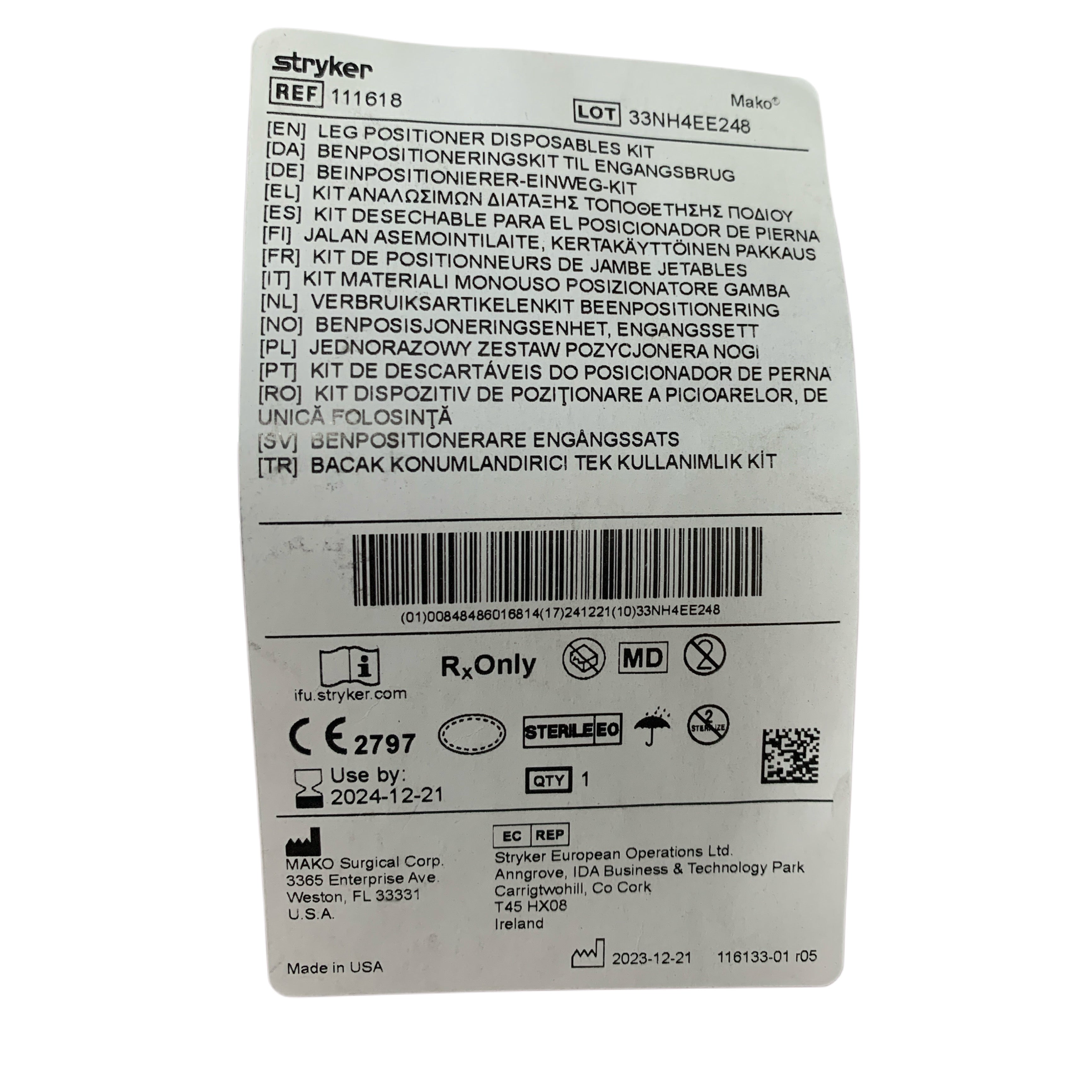 STRYKER REF 111618 Mako Leg Positioner Disposables Kit Exp 2024 12