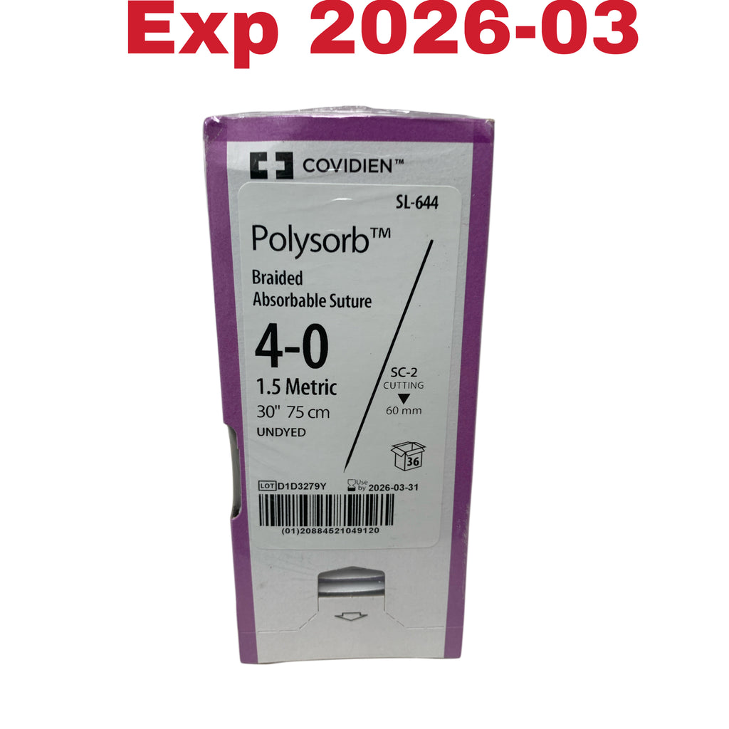 COVIDIEN REF SL-644 Polysorb Braided Absorbable Suture 4-0 SC-2 Cutting 30 Inches 75 cm Undyed Box of 36 Exp 2026 03