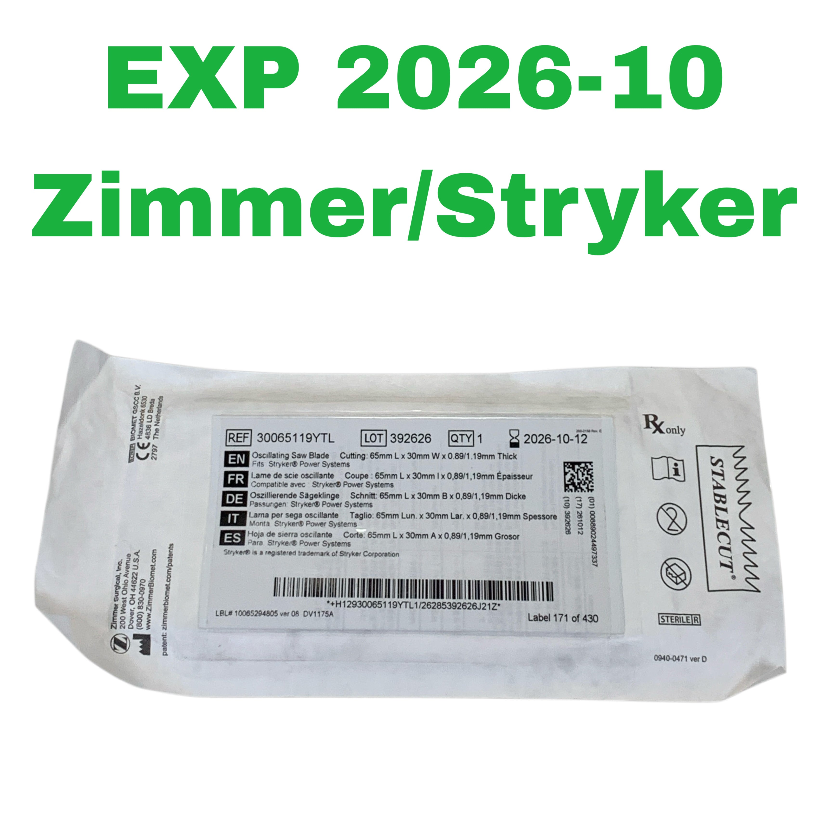 ZIMMER REF 30065119YTL StableCut Oscillating Saw Blade 65mm x 30mm x 0.89/1.19mm(Fits Stryker Power Systems), Exp.2026/10