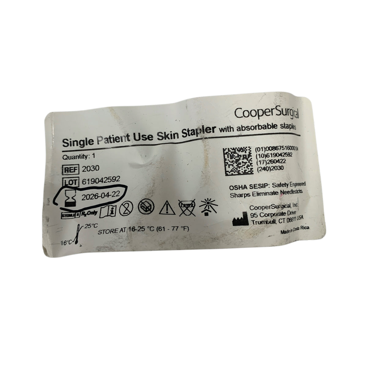 COOPER SURGICAL 2030 Single Patient Use Skin Stapler with Absorbable Staples Exp 2026 04