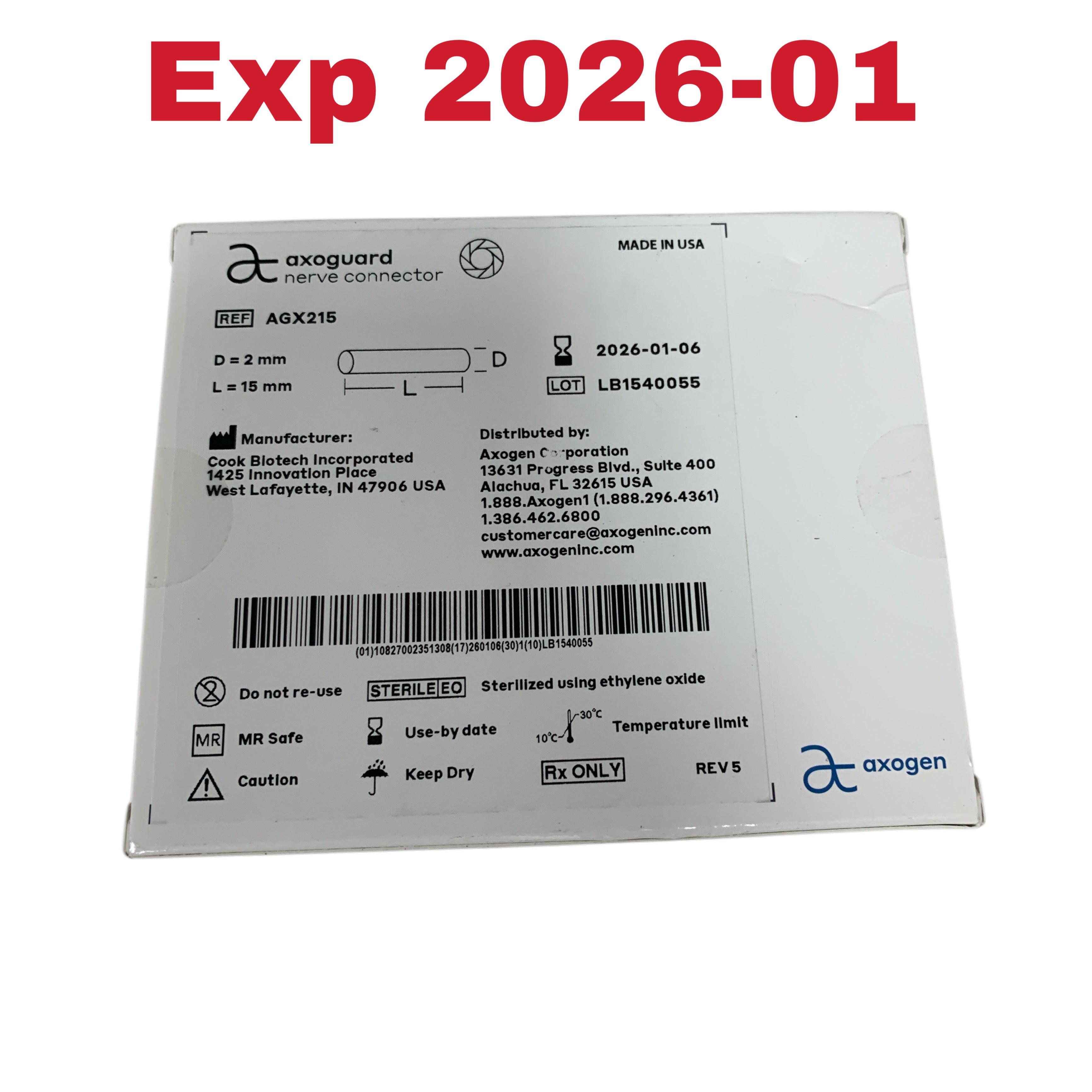 AXOGEN REF AGX215 Axoguard Nerve Connector D 2 mm L 15 mm Exp 2026 01