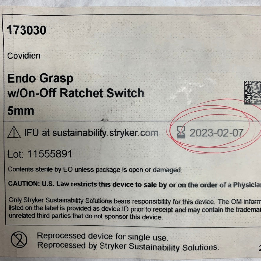 COVIDIEN 173030 Endo Grasp with On Off Ratchet Switch 5mm ( Reprocessed By Stryker) EXP 2023 02