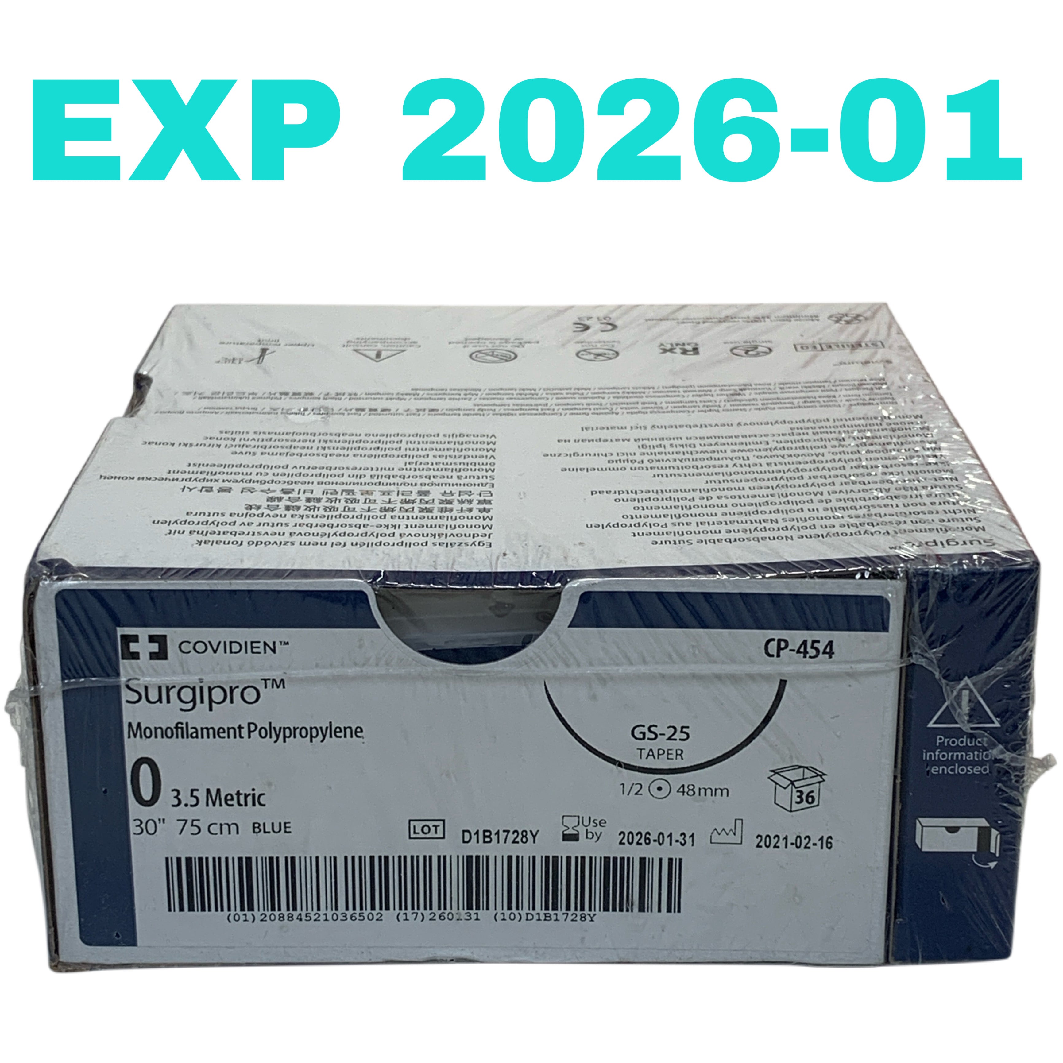 COVIDIEN REF CP-454 Surgipro Monofilament Polypropylene Suture 0 30" 75cm GS-25 Taper, Exp.2026/01