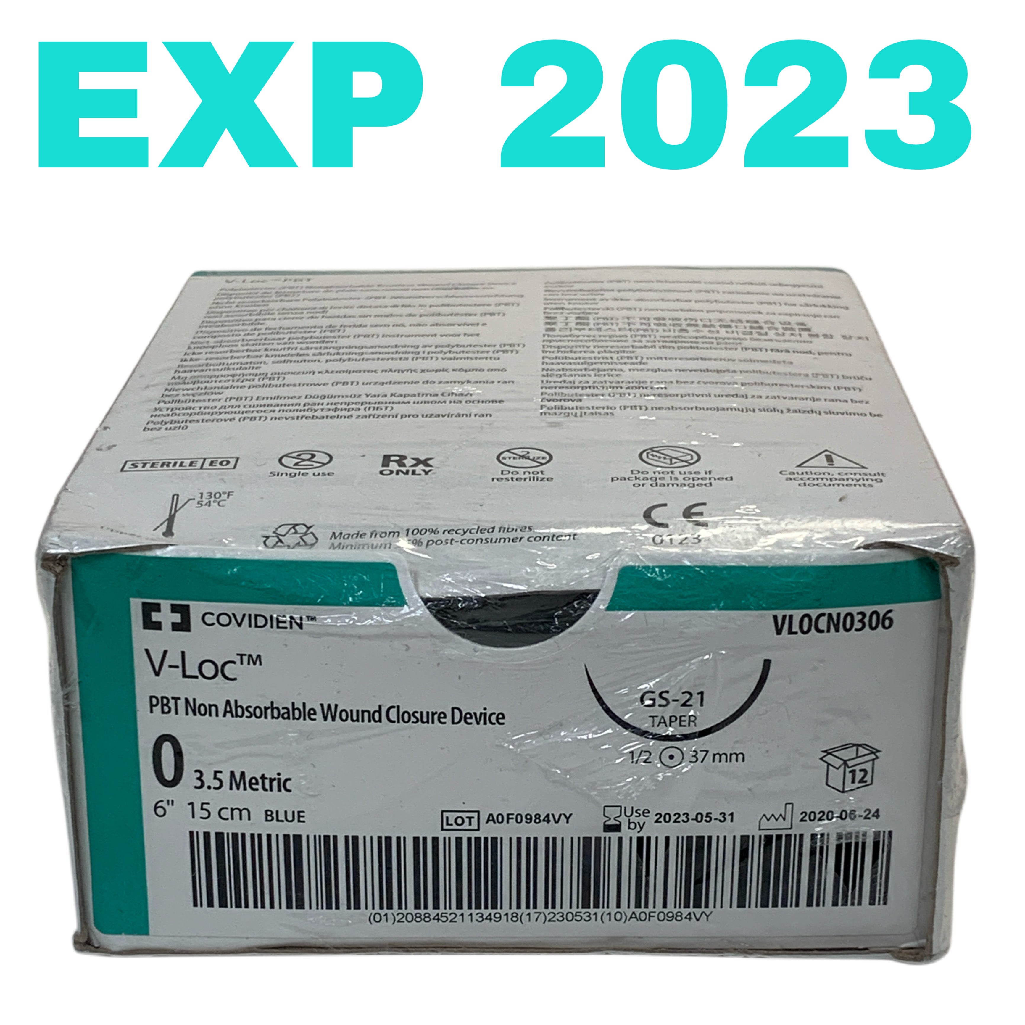 COVIDIEN REF VLOCN0306 V-Loc PBT Non-Absorbable Wound Closure Device Size 0 6" 15cm Blue GS-21 Taper Needle Box of 12, EXP.2023/05