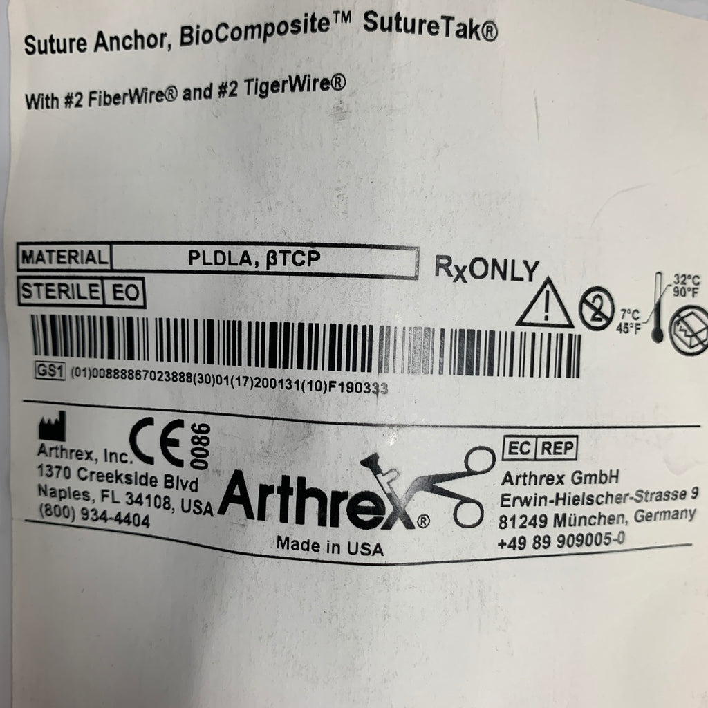 ARTHREX AR-1934BCF-2 BioComposite SutureTak Suture Anchor 3 x 14.5 mm, EXP 2020-01