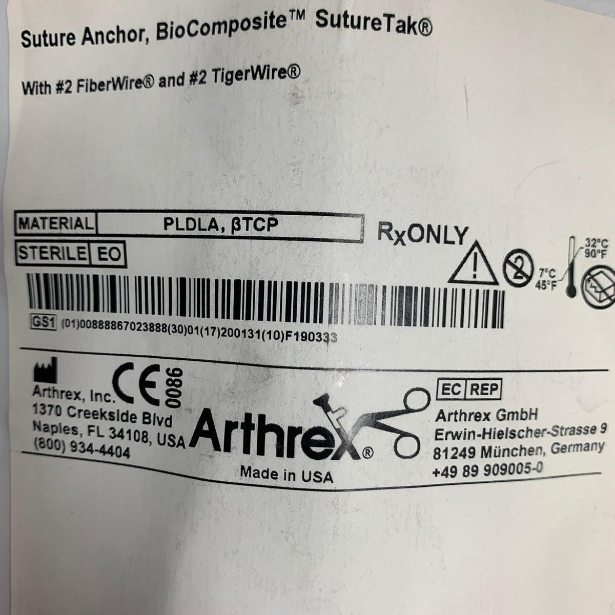 ARTHREX AR-1934BCF-2 BioComposite SutureTak Suture Anchor 3 x 14.5 mm, EXP 2020-01