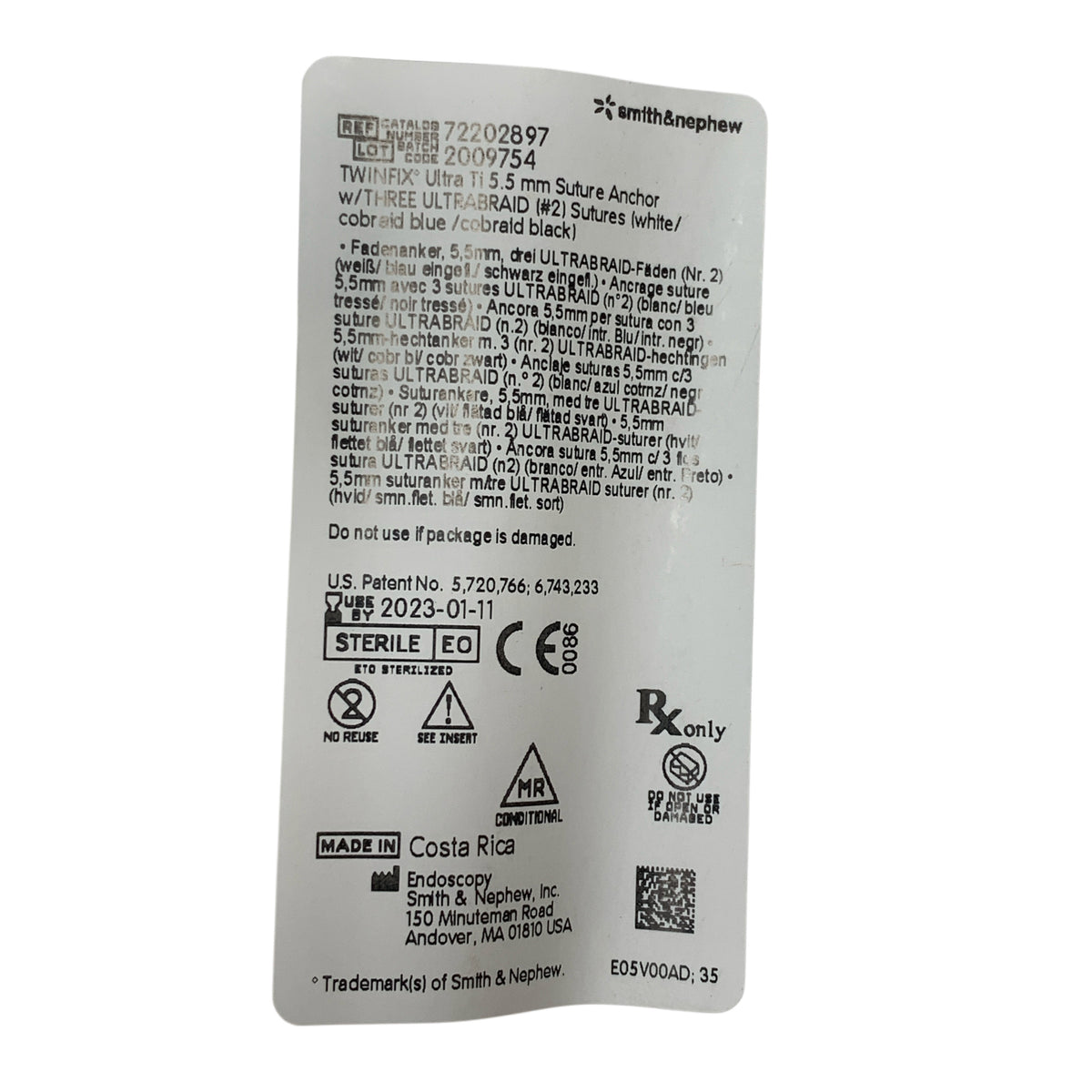 SMITH & NEPHEW 72202897 TWINFIX Ultra Ti 5.5mm Suture Anchor EXP 2023 01