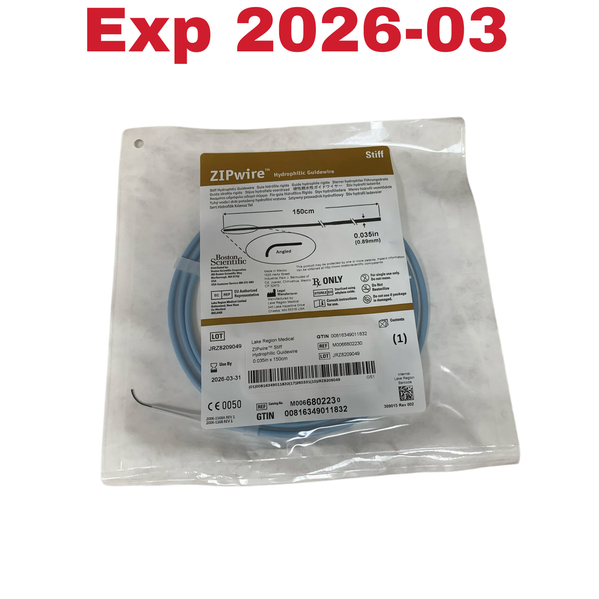 BOSTON SCIENTIFIC M0066802230 ZIPwire Stiff Hydrophilic Guidewire Angled 0.035in 150cm Exp 2026 03