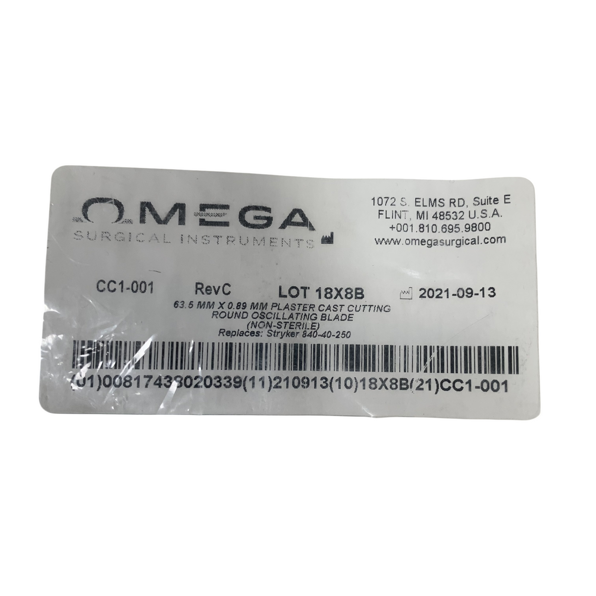 OMEGA CC1-001 RevC 63.5 MM X 0.89 MM PLASTER CAST CUTTING ROUND OSCILLATING BLADE (NON-STERILE) Replaces Stryker 840-40-250