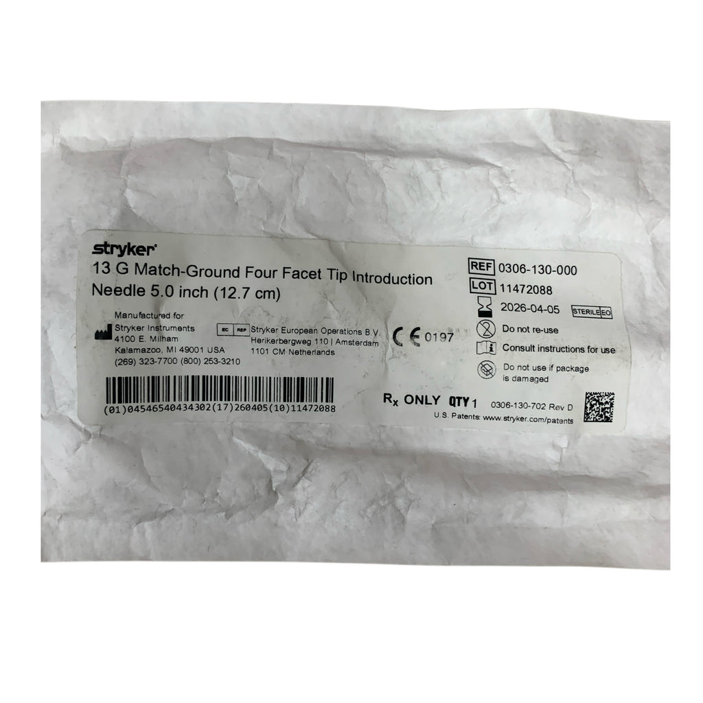 STRYKER 0306-130-000 13 G Match-Ground Four Facet Tip Introduction Needle 5.0 inch (12.7 cm) Exp 2026 04