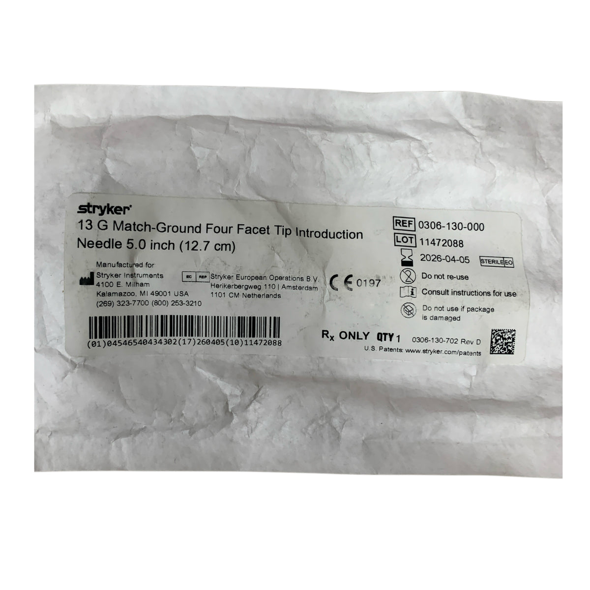 STRYKER 0306-130-000 13 G Match-Ground Four Facet Tip Introduction Needle 5.0 inch (12.7 cm) Exp 2026 04