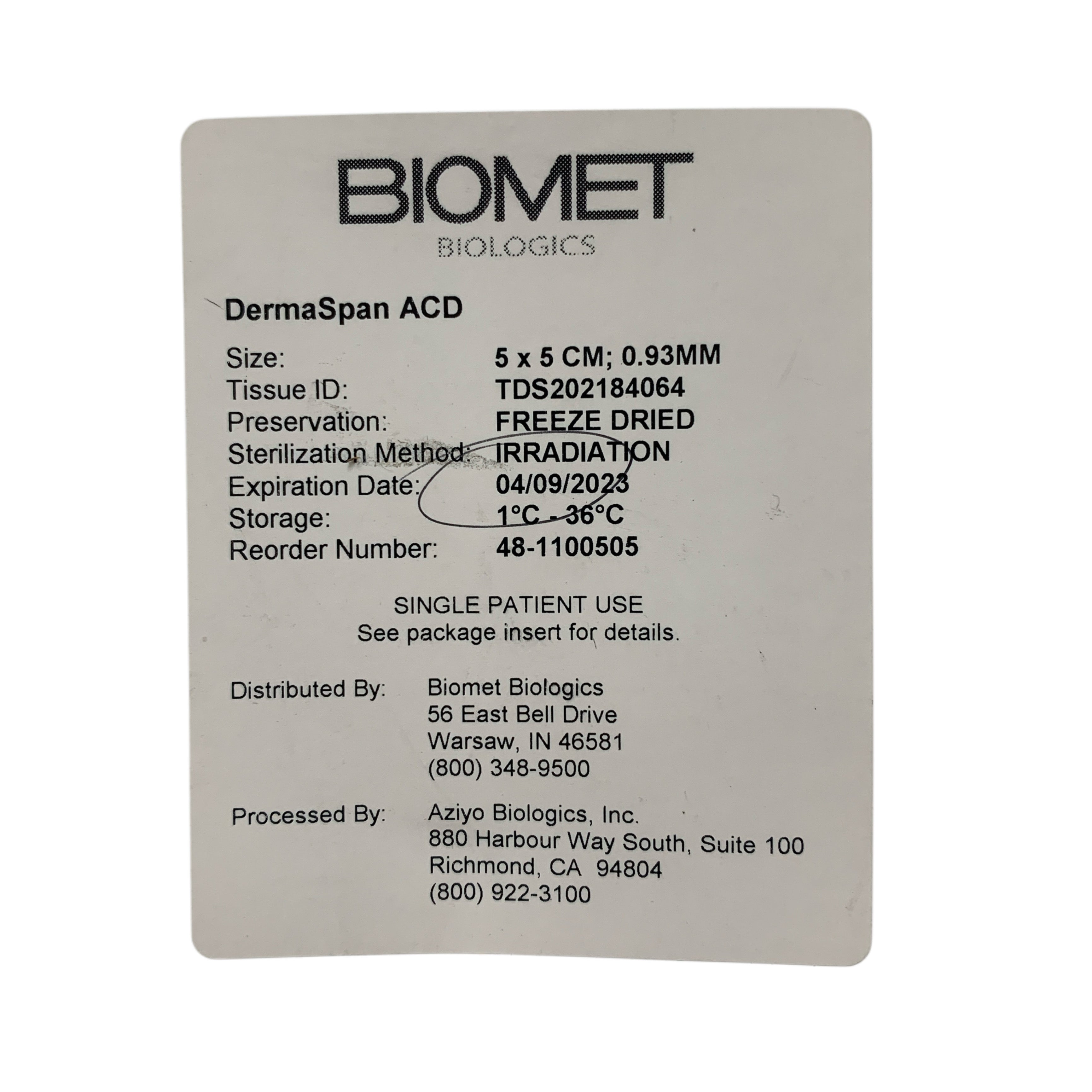 BIOMET REF 48-1100505 DermaSpan ACD Size 5 x 5 CM Exp 2023/04