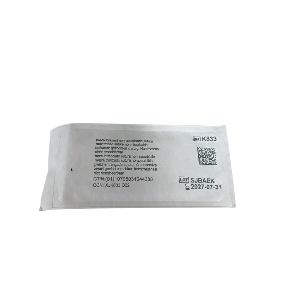 ETHICON K833 Perma Hand Black Braided Silk Suture SH Taperpoint Needle 30in 2 0 Box of 36 EXP 2027 07
