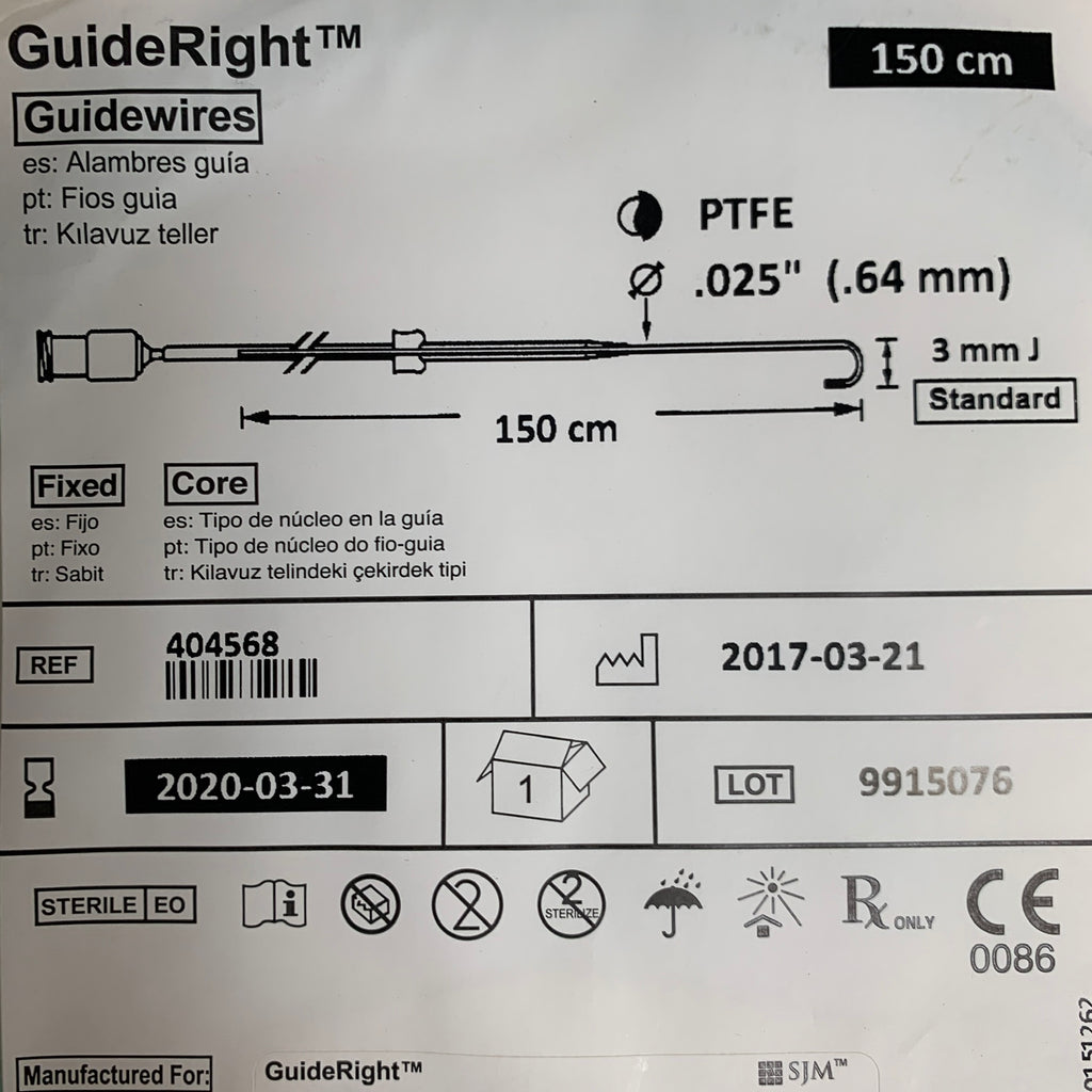 ST JUDE MEDICAL 404568 GuideRight Guidewires PTFE .025" 150 cm 3 mm J Standard  EXP 2020 03