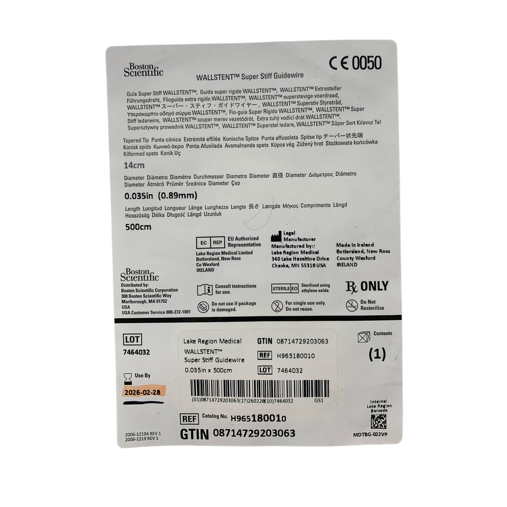 BOSTON SCIENTIFIC REF H965180010 WALLSTENT Super Stiff Guidewire 0.035in x 500cm 14cm Exp 2026 02