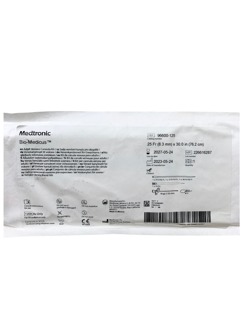 MEDTRONIC REF 96600-125 Bio-Medicus NextGen Adult Venous Cannula Kit 25 Fr, 76.2 cm, Exp.2027/05