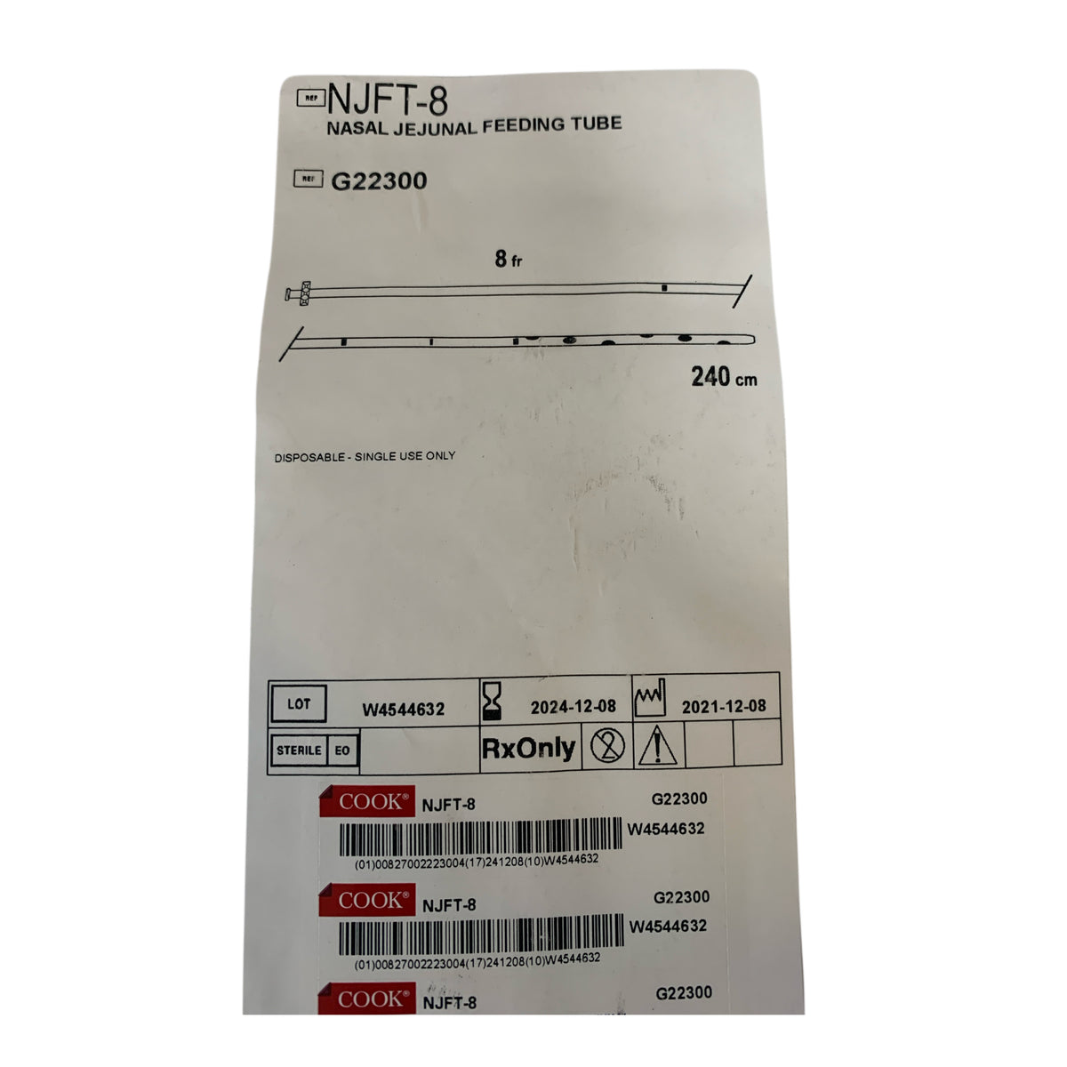 COOK G22300 NJFT-8 Nasal Jejunal Feeding Tube 8 Fr 240 cm EXP 2024 12