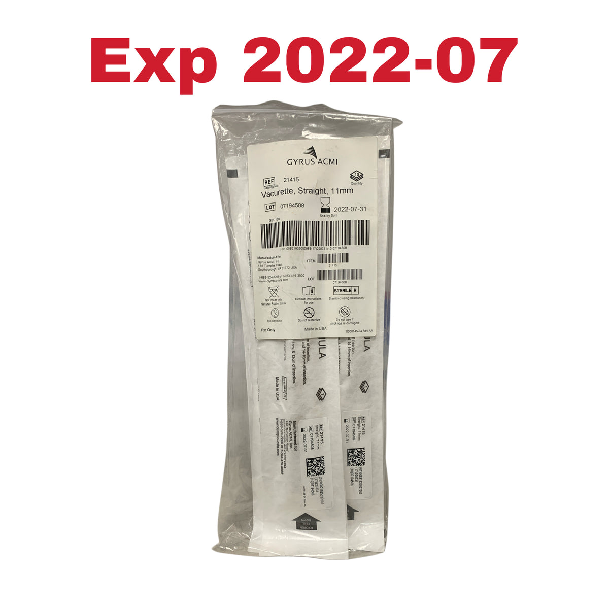GYRUS ACMI 21415 Vacurette Straight 11mm Box Of 10 Exp 2022 07