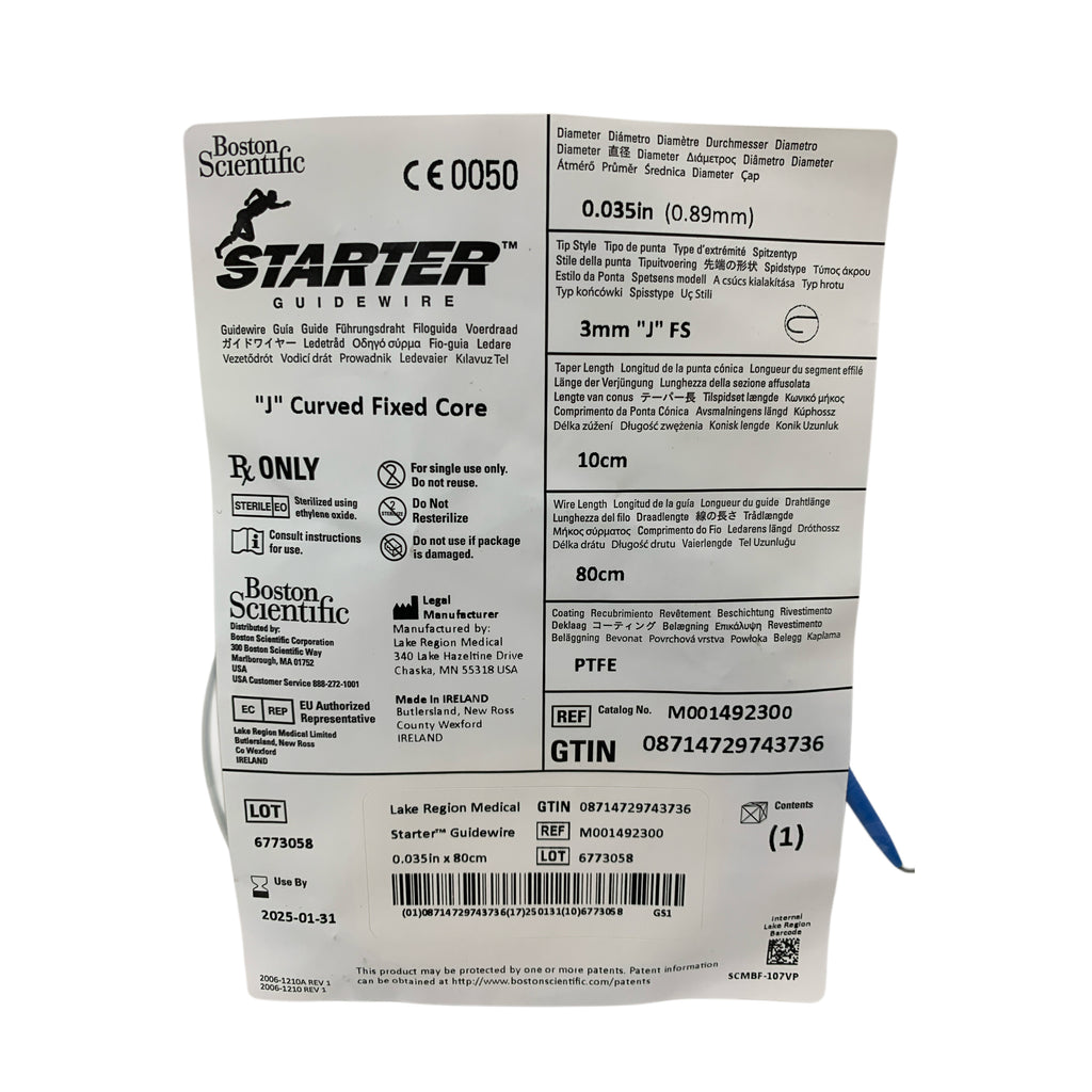 BOSTON SCIENTIFIC REF M001492300 Starter Guidewire "J" Curved Fixed Core 0.035in x 80cm, Exp.2025/01
