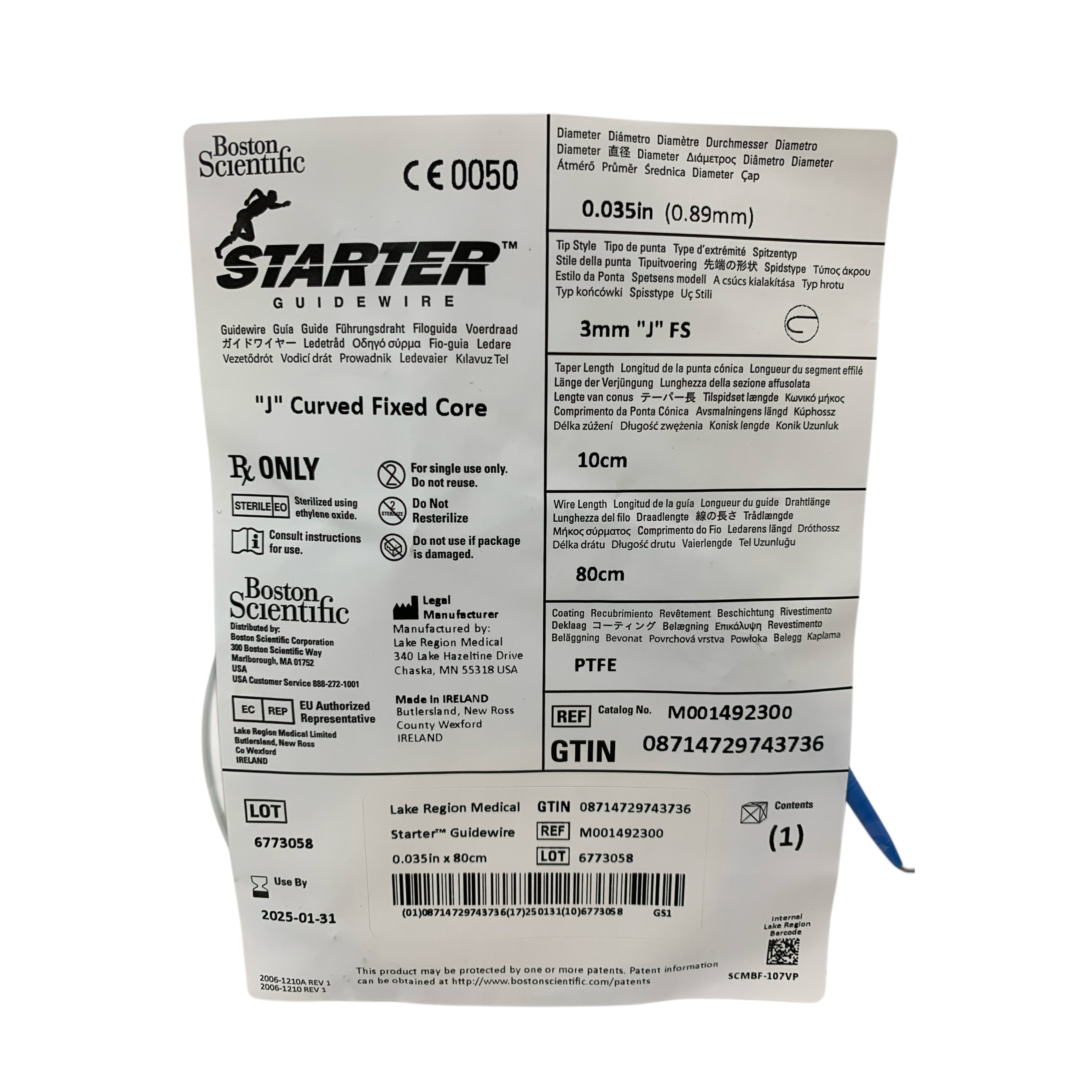 BOSTON SCIENTIFIC REF M001492300 Starter Guidewire "J" Curved Fixed Core 0.035in x 80cm, Exp.2025/01